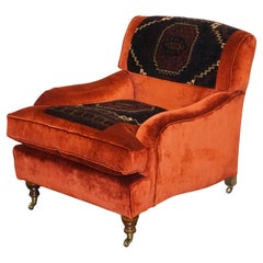 VINTAGE RED VELVET & AZTEC KILIM UPHOLSTERED HOWARD GEORGE SMITH STYLE ARMCHAiR