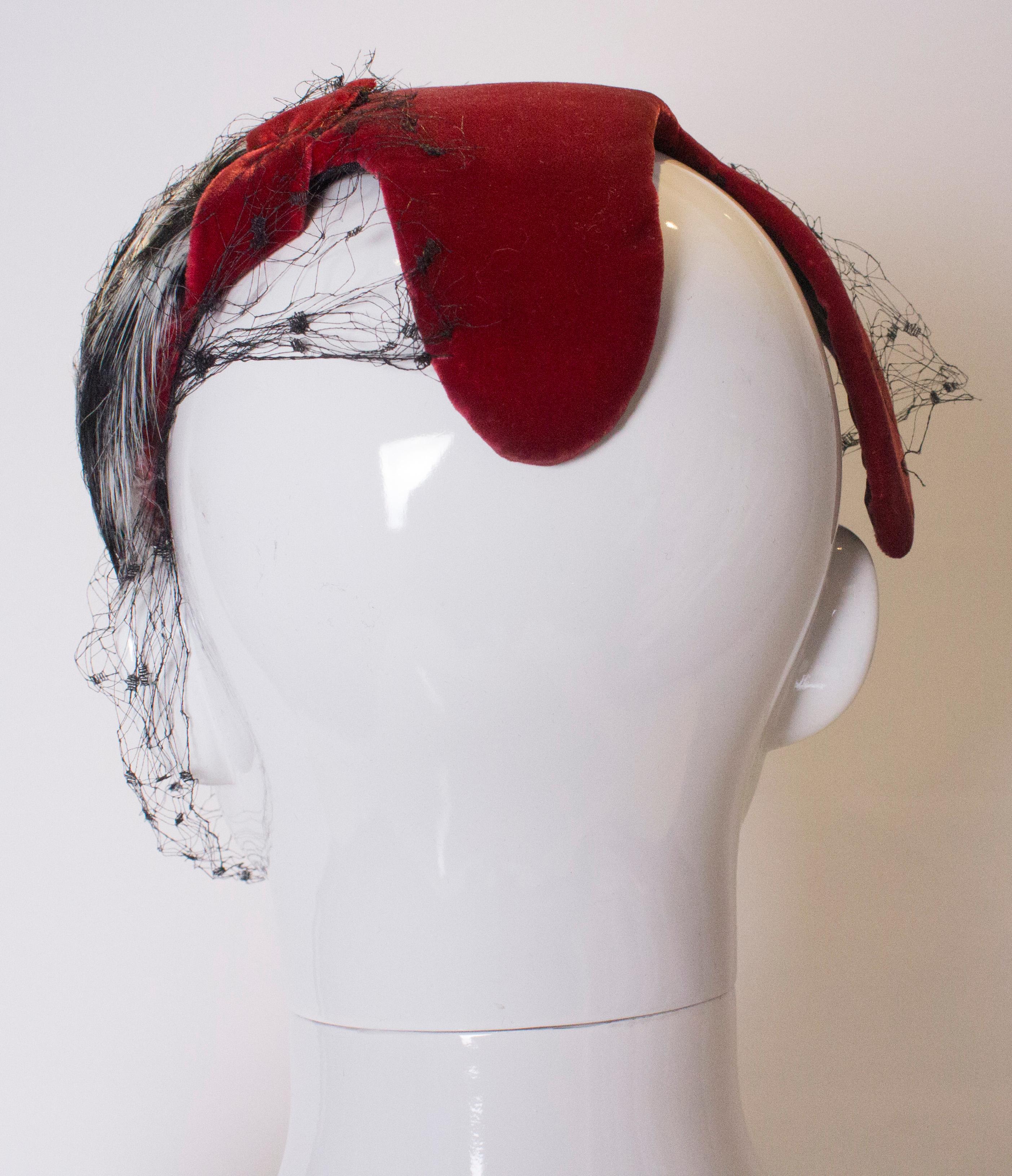 Gray Vintage Red Velvet , Feather and Net Hat