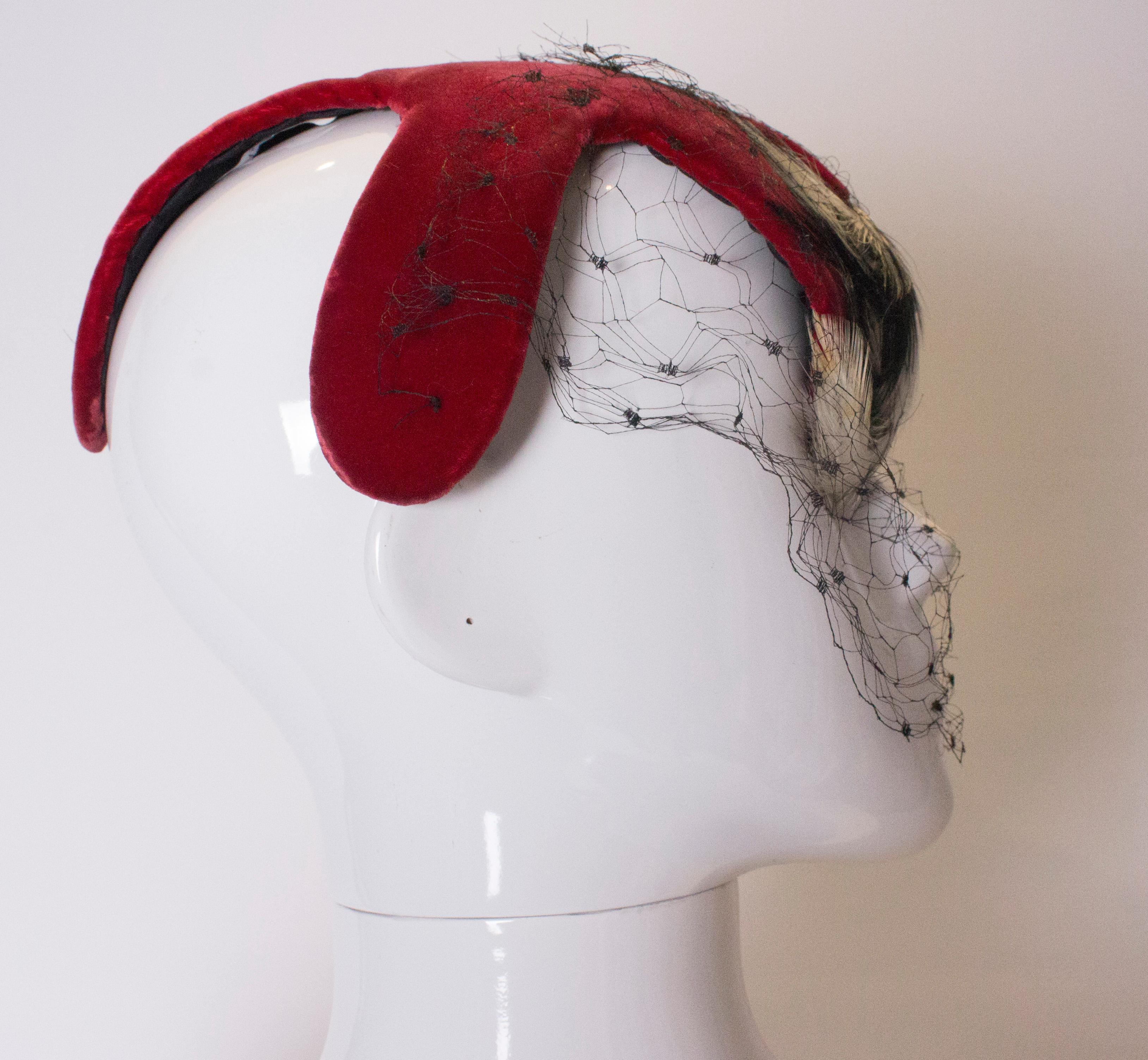 Vintage Red Velvet , Feather and Net Hat In Good Condition In London, GB
