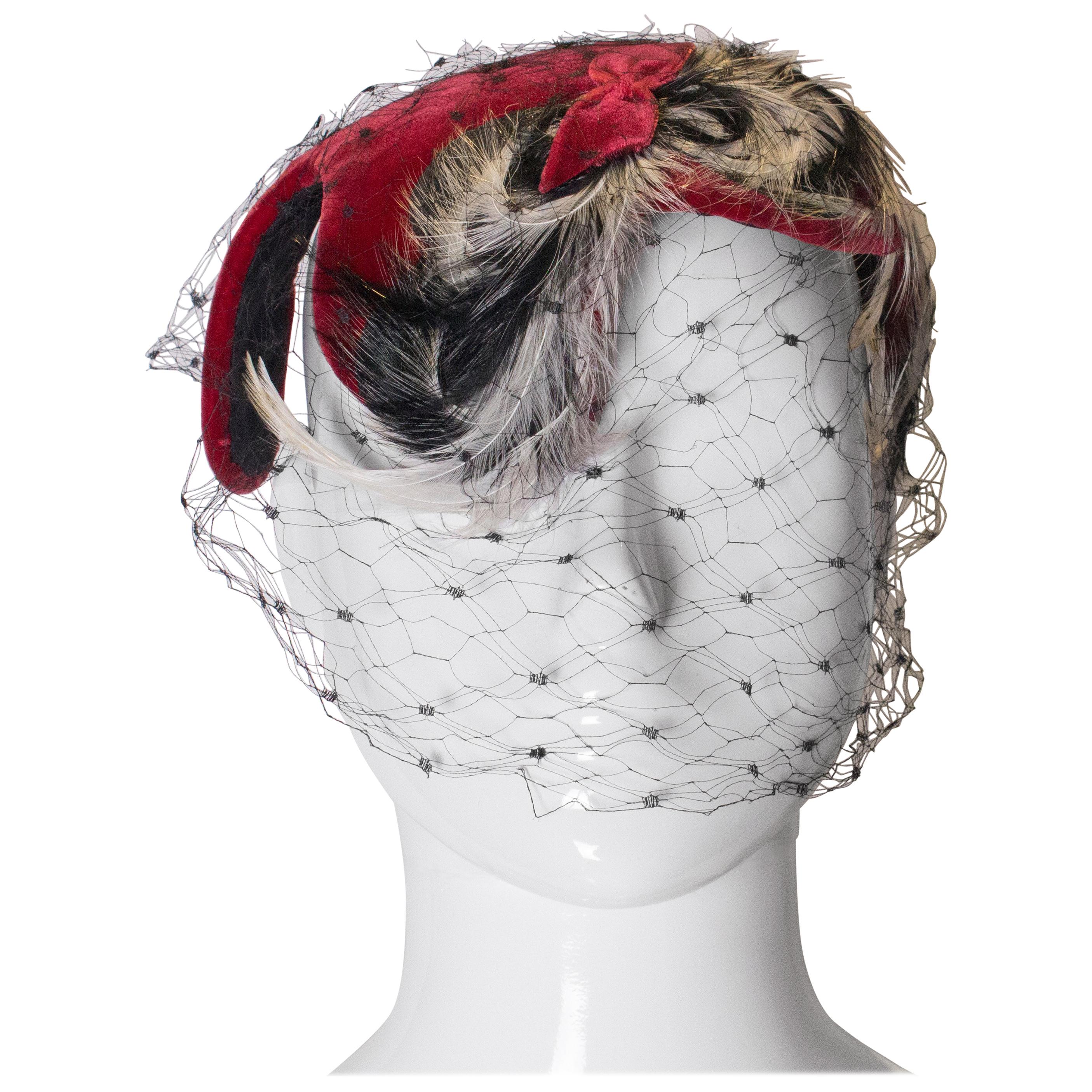 Vintage Red Velvet , Feather and Net Hat