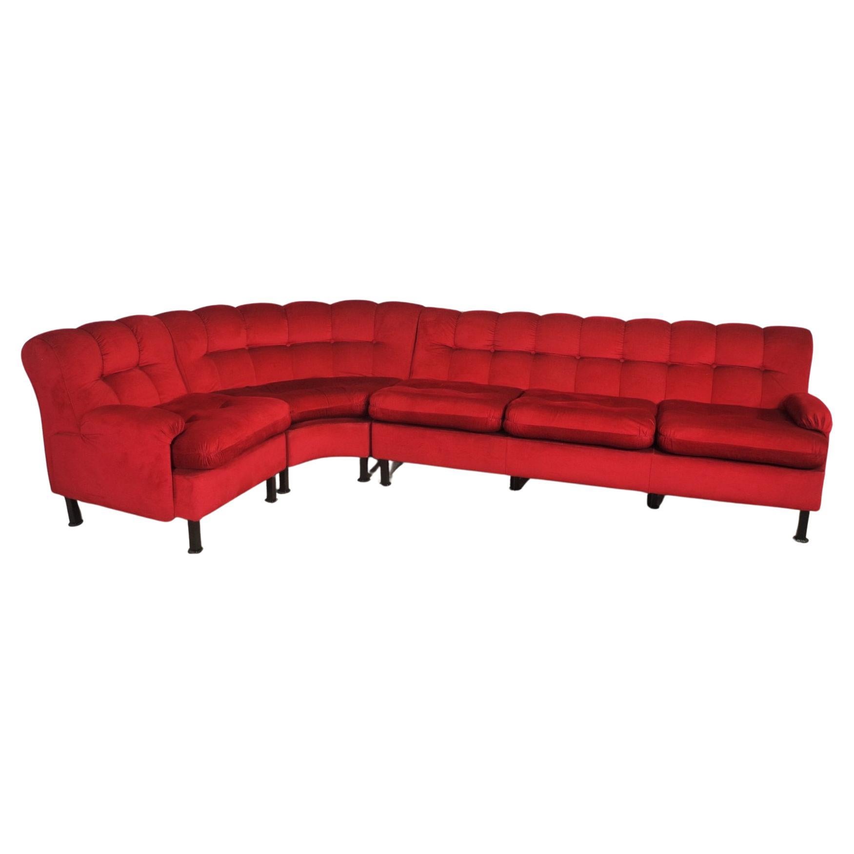 Vintage Red Velvet Sectional Sofa, 1970s