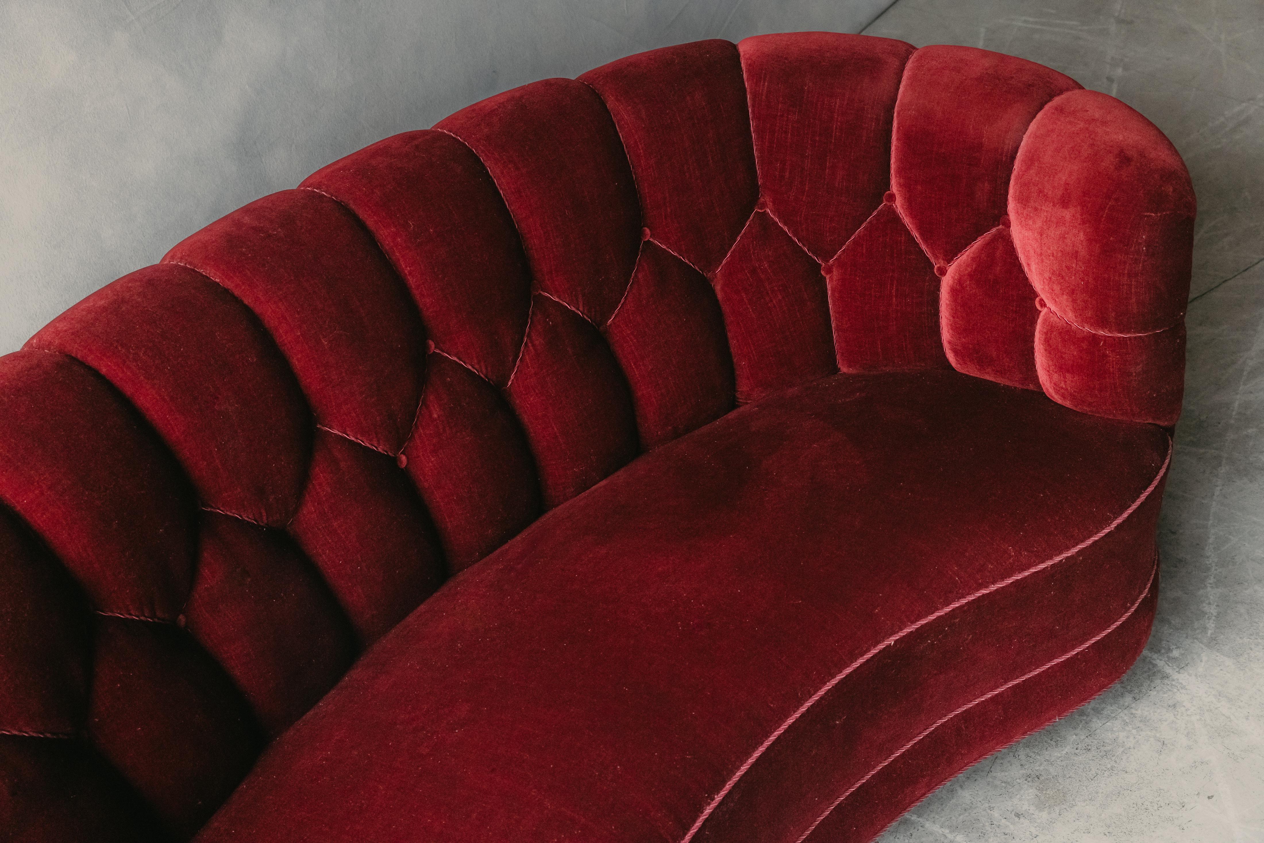 Vintage Red Velvet Sofa From Denmark, Circa 1950.  Original upholstery with very light use and wear.