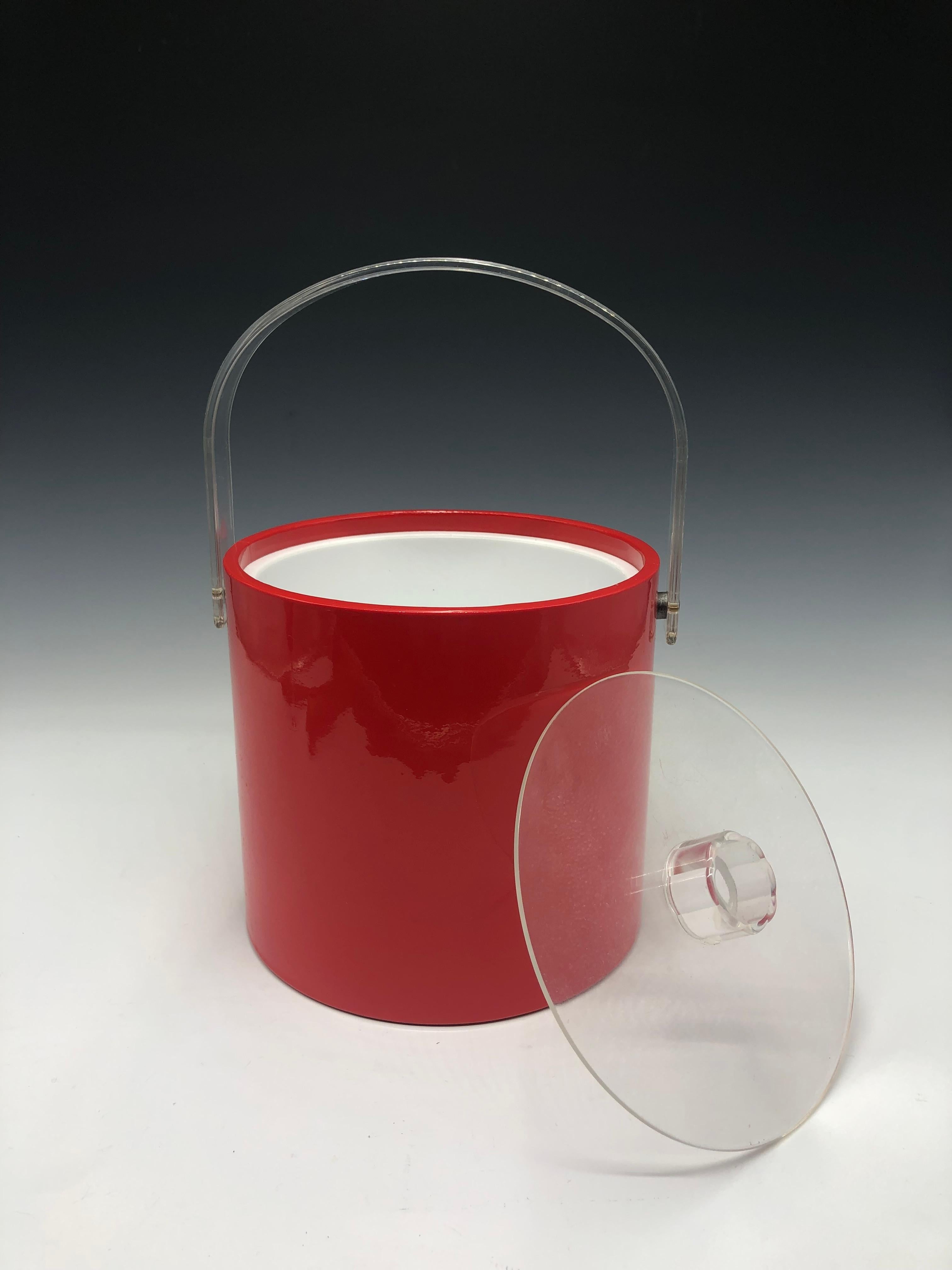 Mid-Century Modern Vintage Red Vinyl Mr Ice Bucket with Clear Lucite Handle