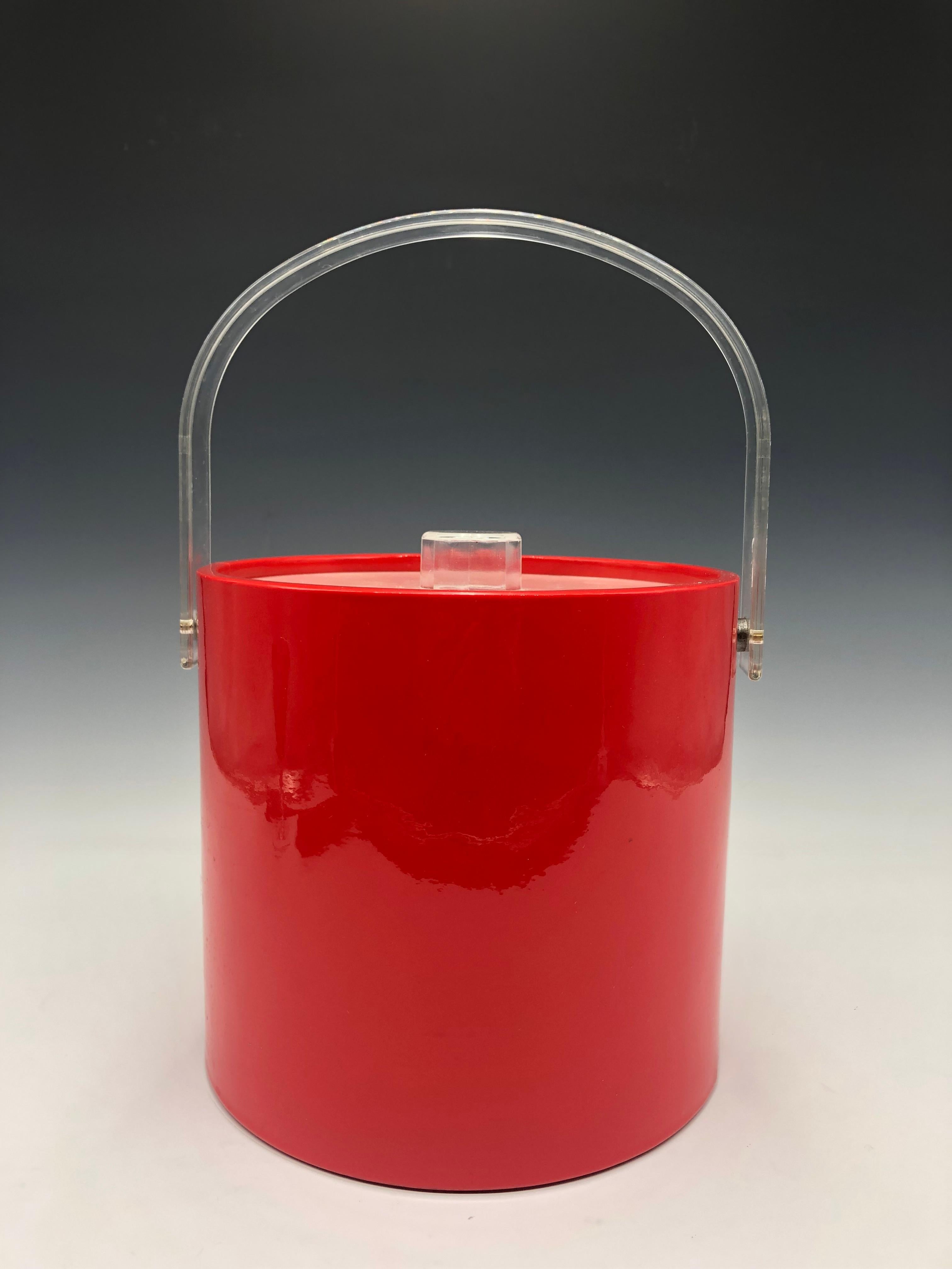 American Vintage Red Vinyl Mr Ice Bucket with Clear Lucite Handle