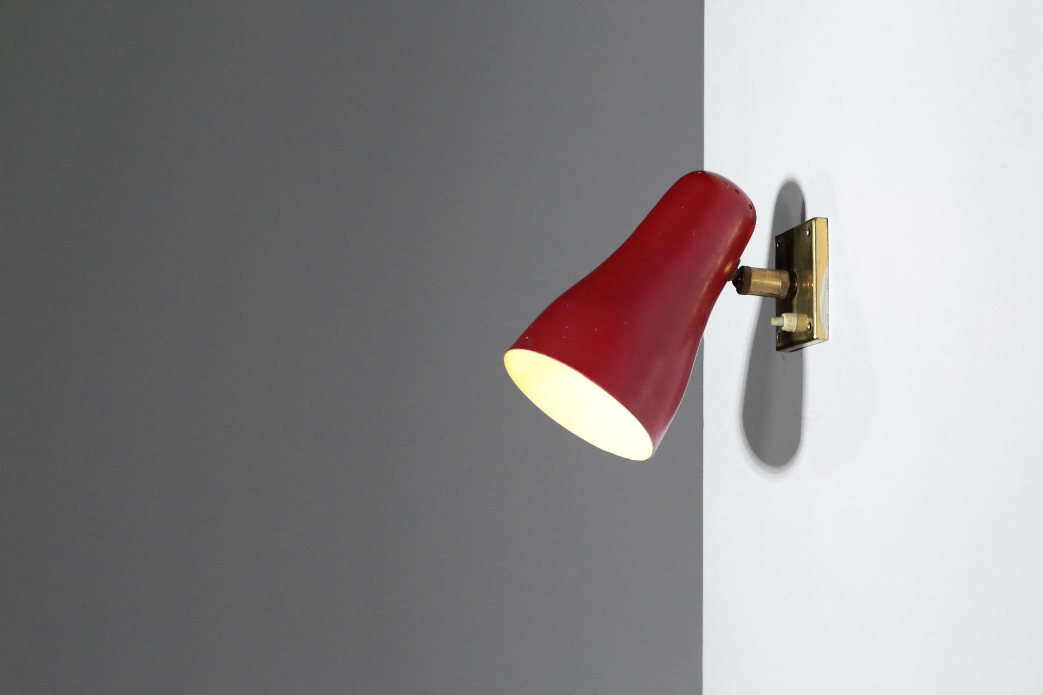 Mid-Century Modern Vintage Red Wall Light Pierre Guariche Style in Brass, French, 1960s For Sale