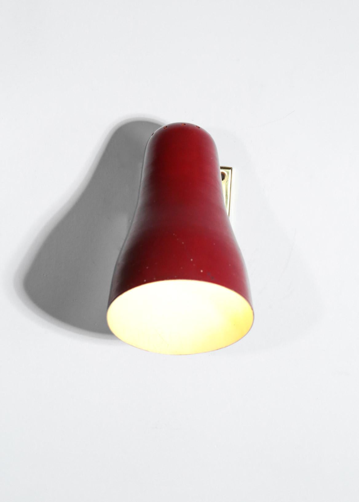 Mid-20th Century Vintage Red Wall Light Pierre Guariche Style in Brass, French, 1960s For Sale