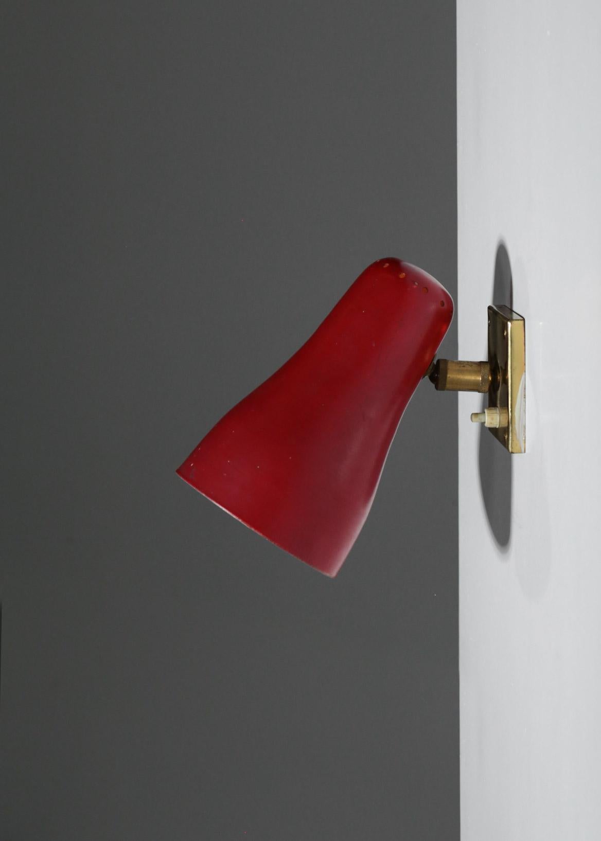 Vintage Red Wall Light Pierre Guariche Style in Brass, French, 1960s For Sale 2