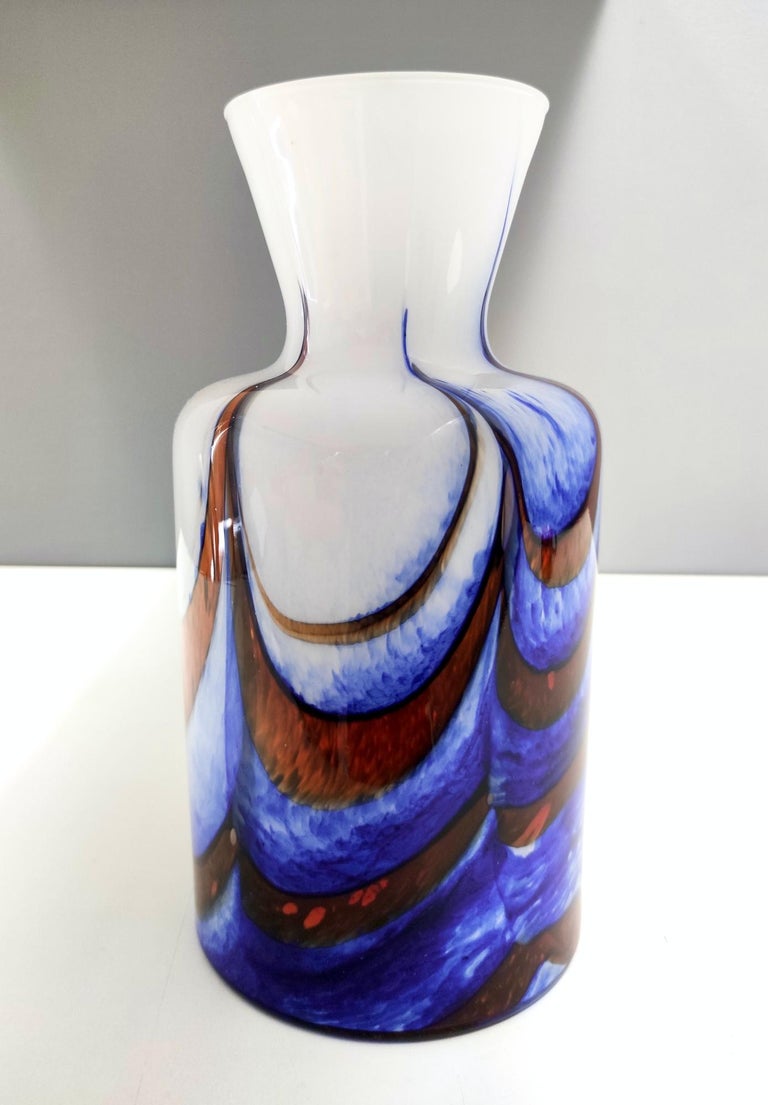Late 20th Century Vintage Red, White and Blue Murano Glass Vase by Carlo Moretti, Italy 1970s For Sale