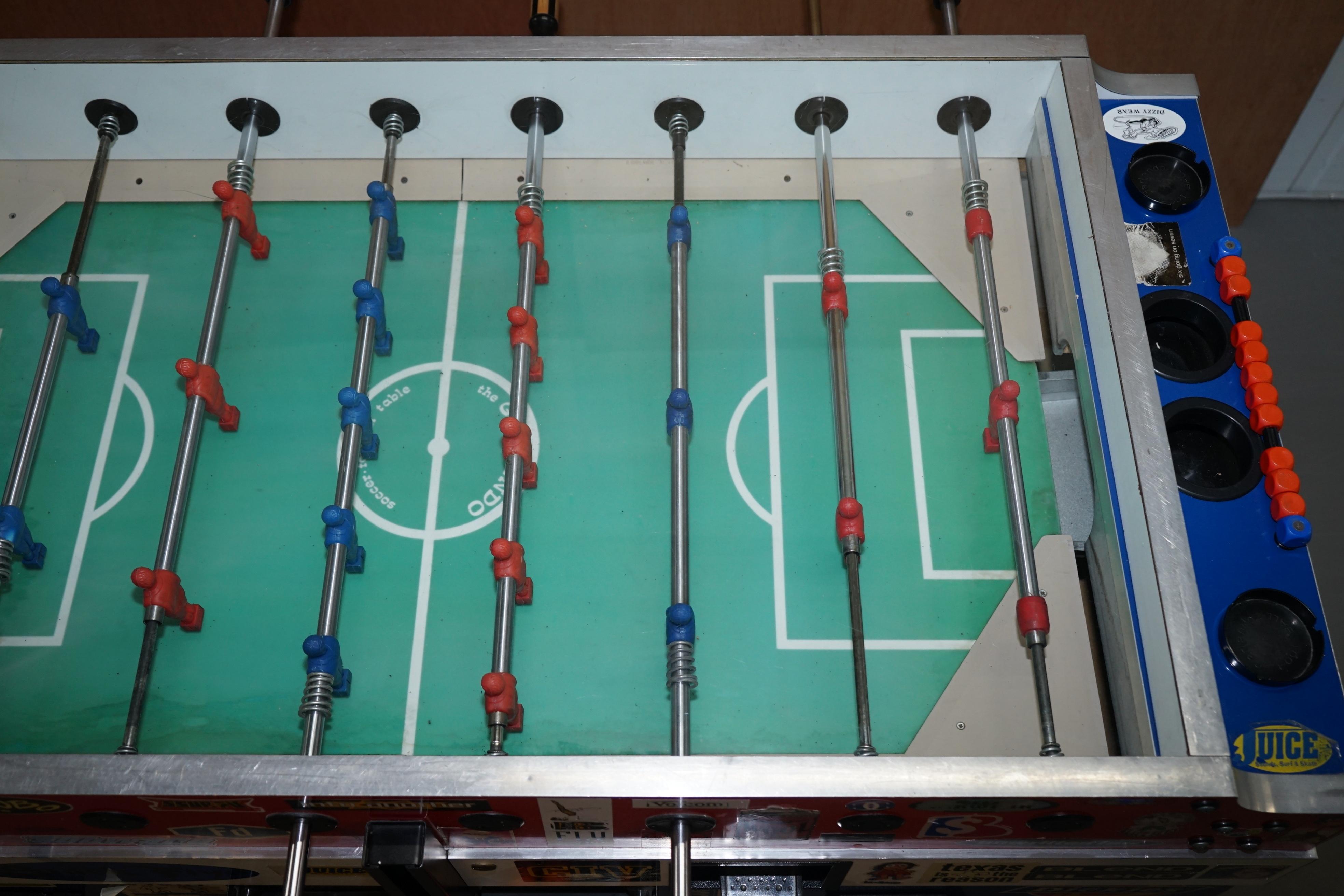 Plastic Vintage Red White & Blue Foosball Table Football Covered in Pop Culture Stickers
