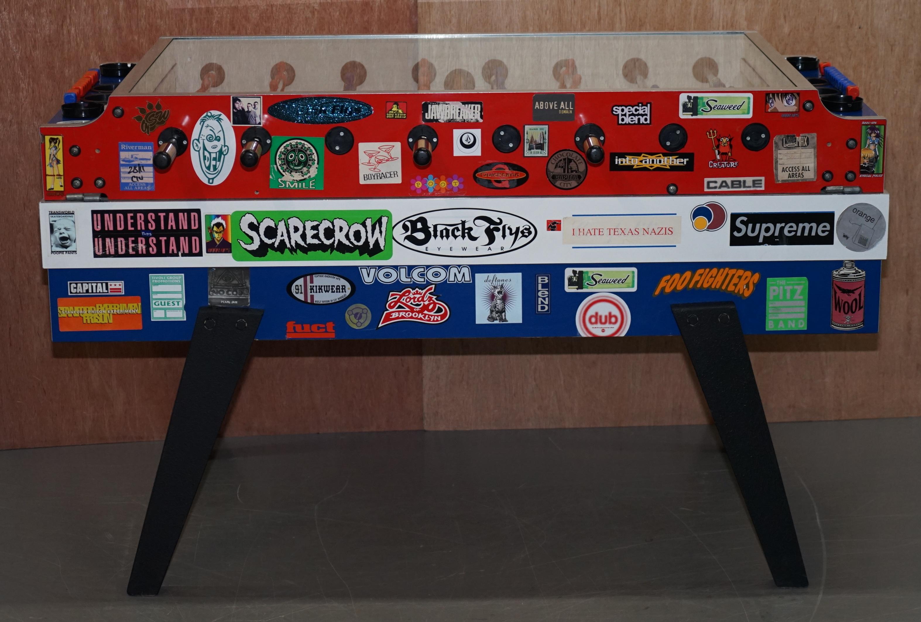 Vintage Red White & Blue Foosball Table Football Covered in Pop Culture Stickers 7