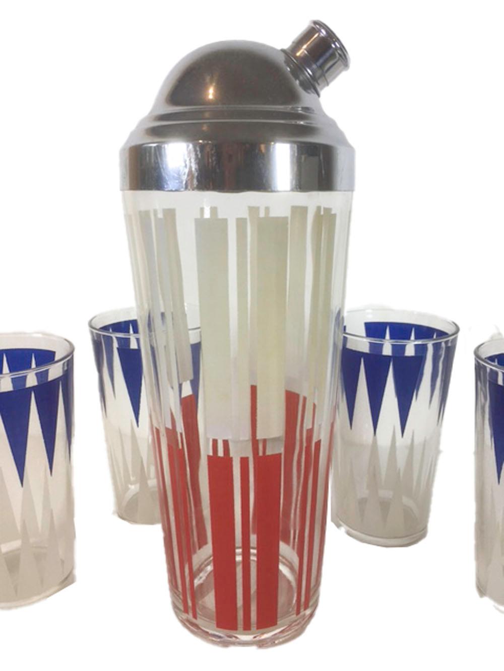 Art Deco red, white and blue cocktail shaker set. Probably Hazel Atlas, having a shaker with red and white vertical bars and domed chrome lid, along with 6 tumblers having a row of downward pointing blue triangles above a row of upward pointing