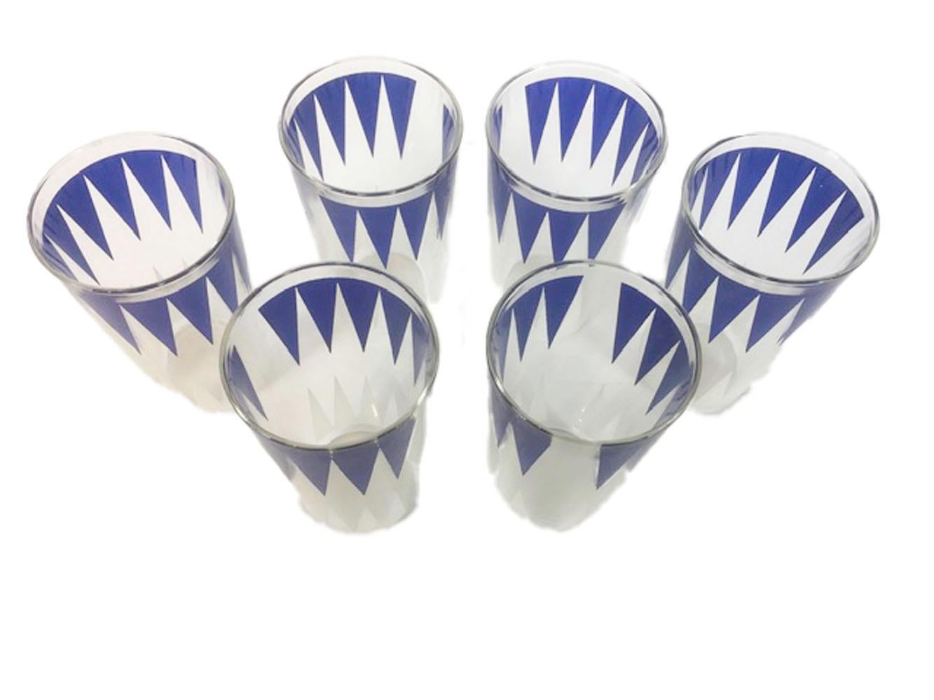 Mid-Century Modern Vintage Red, White & Blue Shaker Set, 6 Tumblers, Chrome Topped Cocktail Shaker