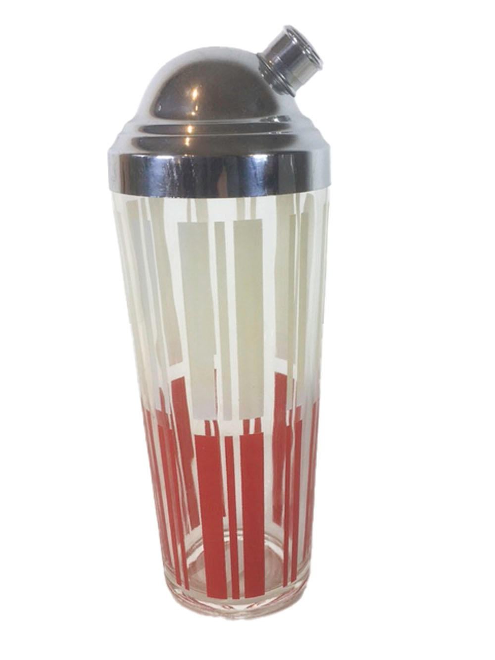 Enameled Vintage Red, White & Blue Shaker Set, 6 Tumblers, Chrome Topped Cocktail Shaker