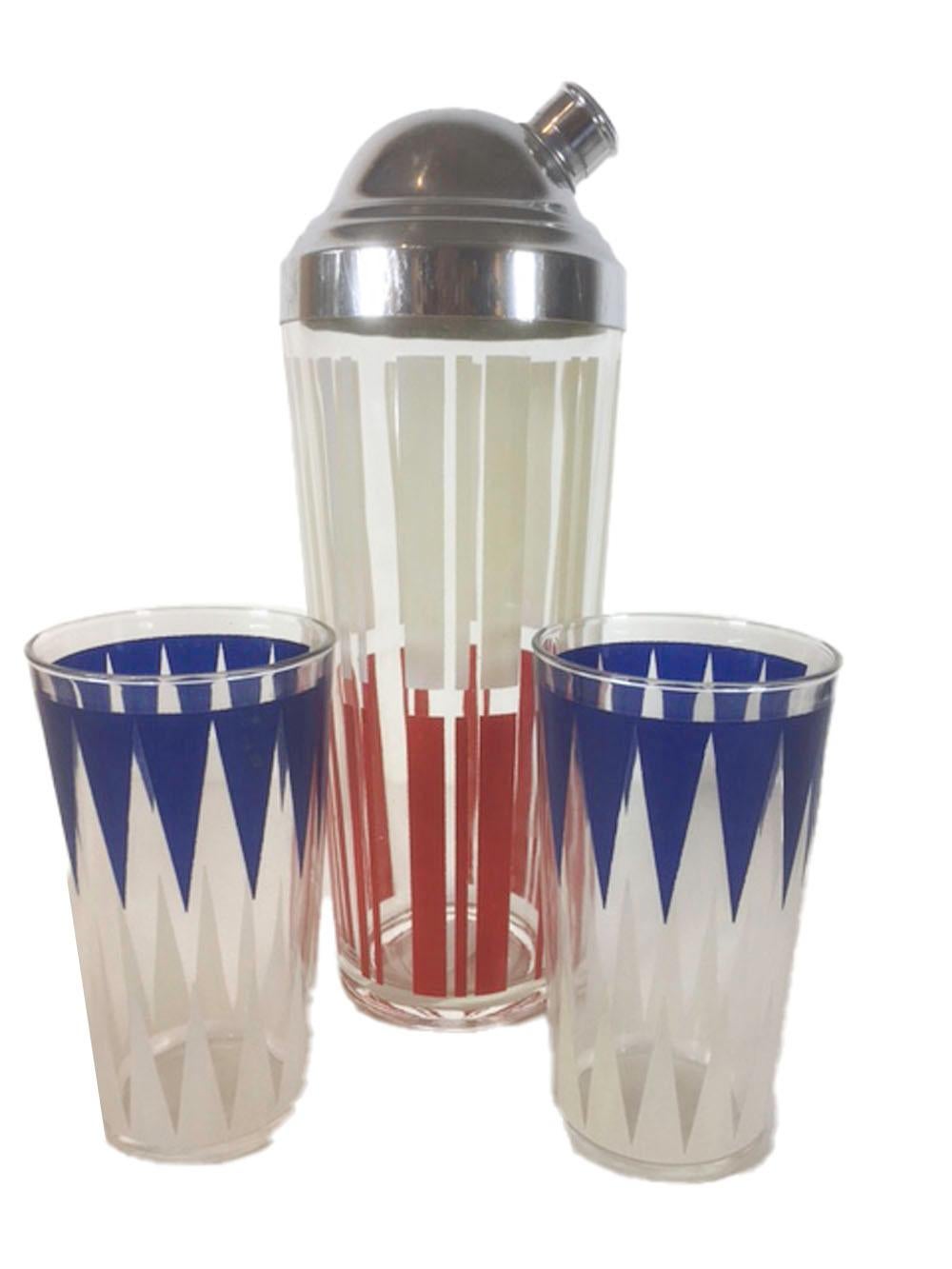 Vintage Red, White & Blue Shaker Set, 6 Tumblers, Chrome Topped Cocktail Shaker In Good Condition In Nantucket, MA