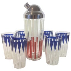 Retro Red, White & Blue Shaker Set, 6 Tumblers, Chrome Topped Cocktail Shaker