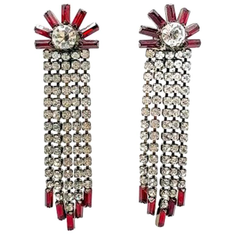 Vintage Red & White Crystal Cascade Cocktail Earrings 1980s For Sale