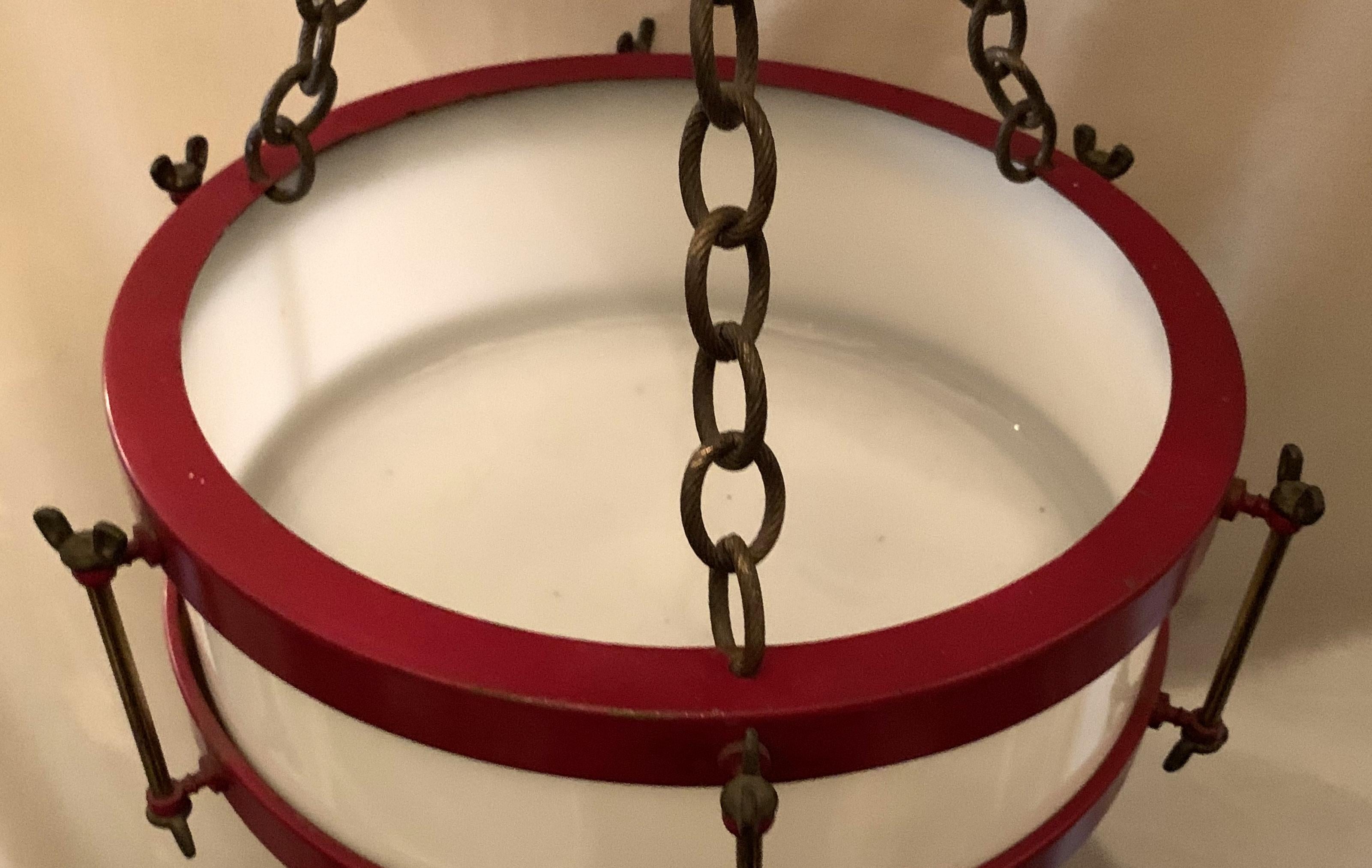 Belle Époque Vintage Red White Glass Bronze Snare Drum Flush Mount Light Fixture Chandelier For Sale