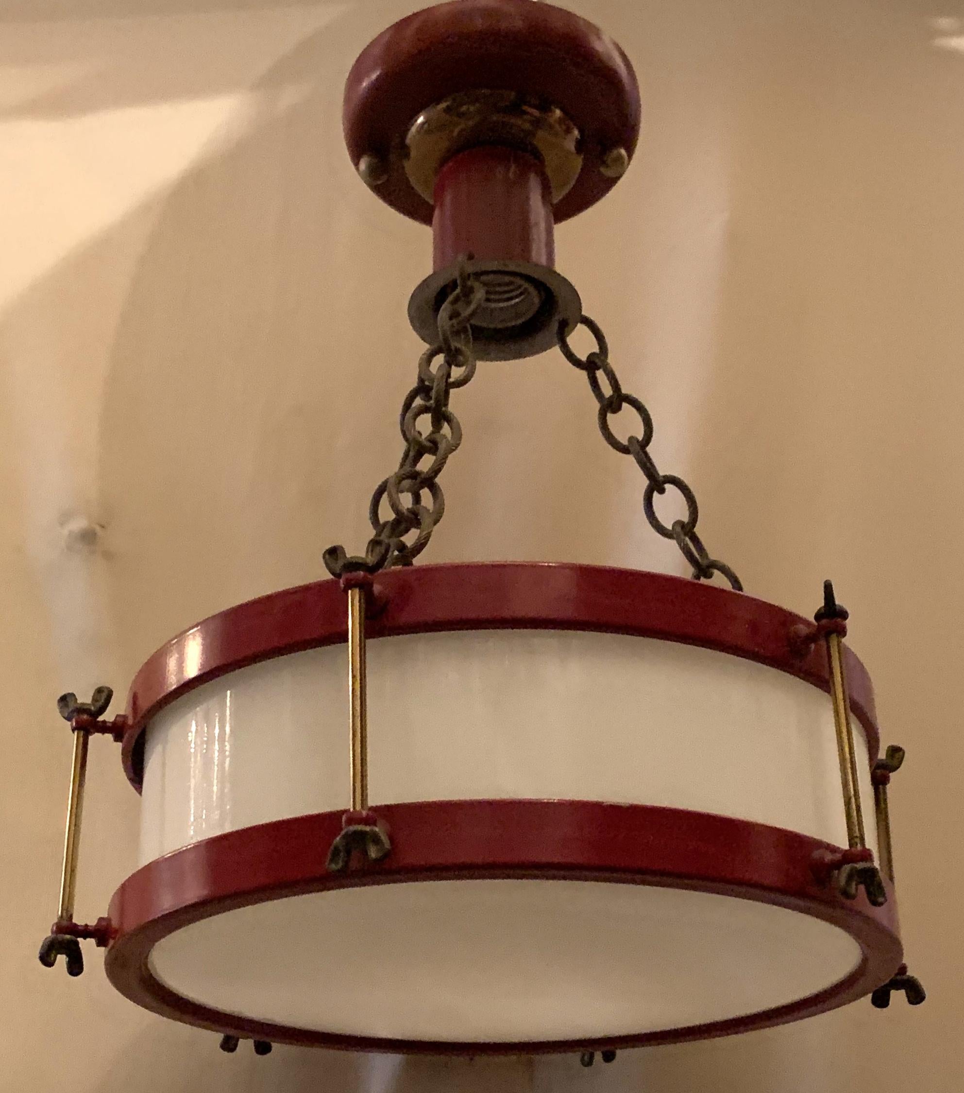 Vintage Red White Glass Bronze Snare Drum Flush Mount Light Fixture Chandelier In Good Condition For Sale In Roslyn, NY