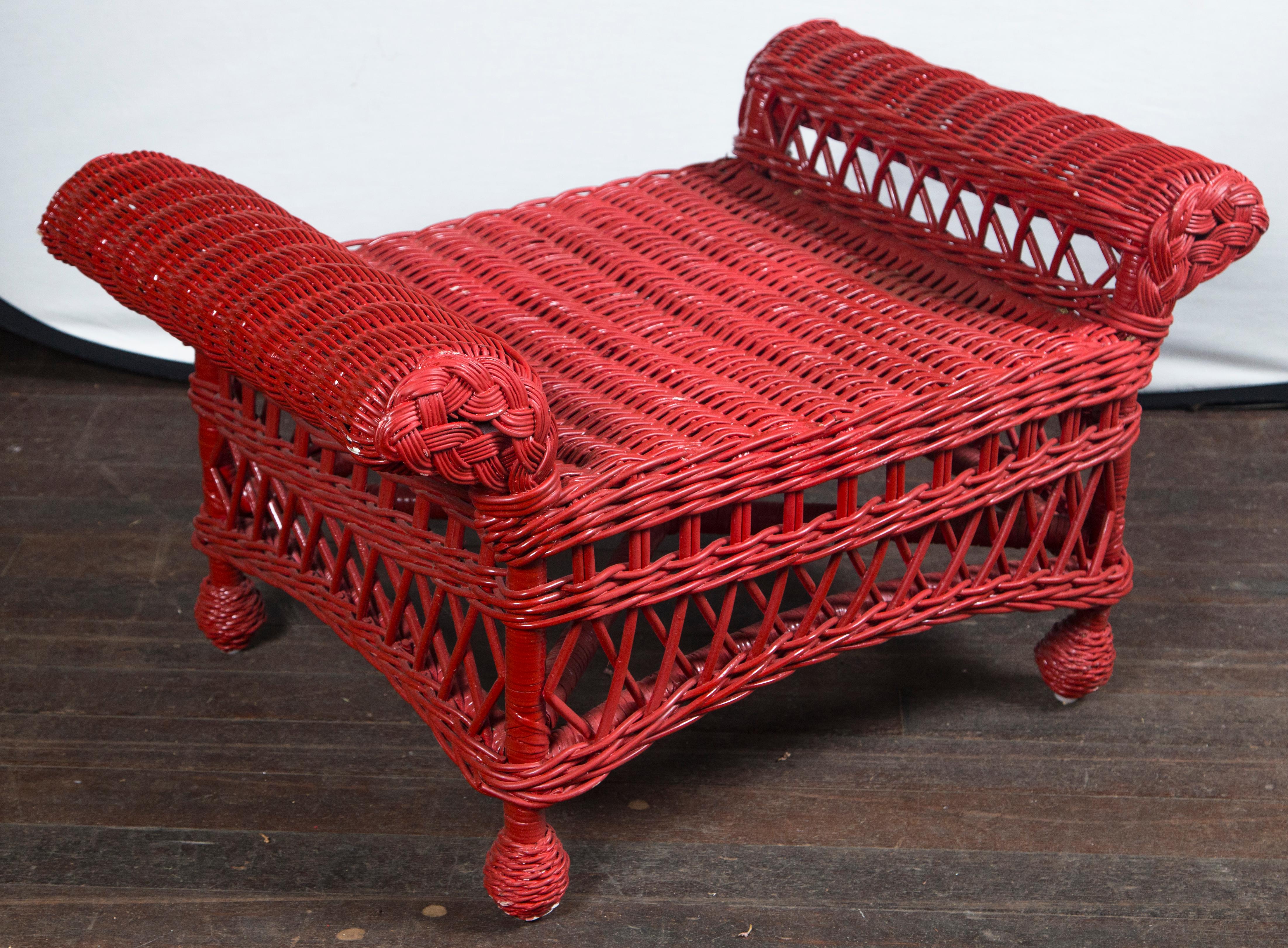 Woven Vintage Red Wicker/Rattan Bench