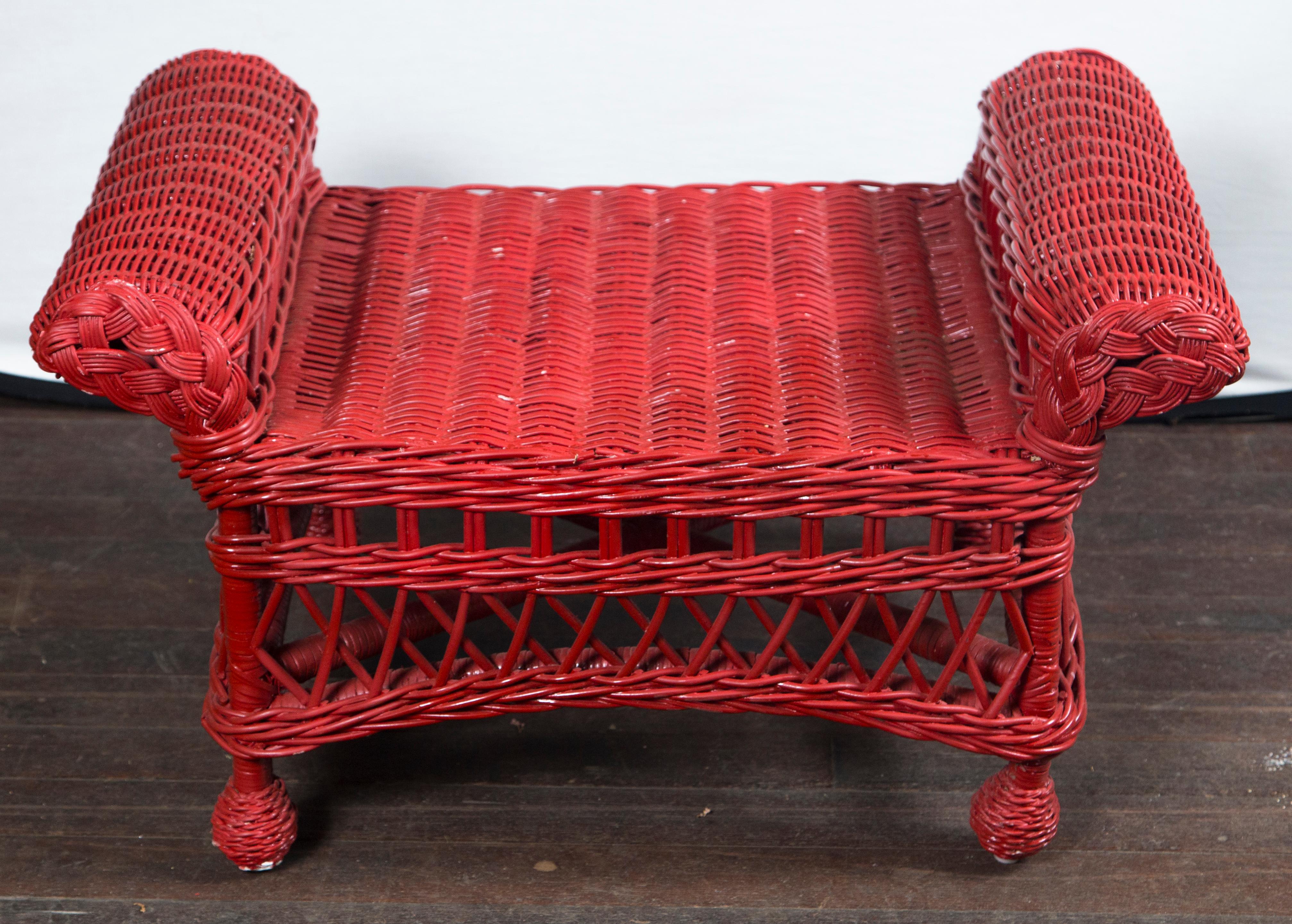 Vintage Red Wicker/Rattan Bench 1