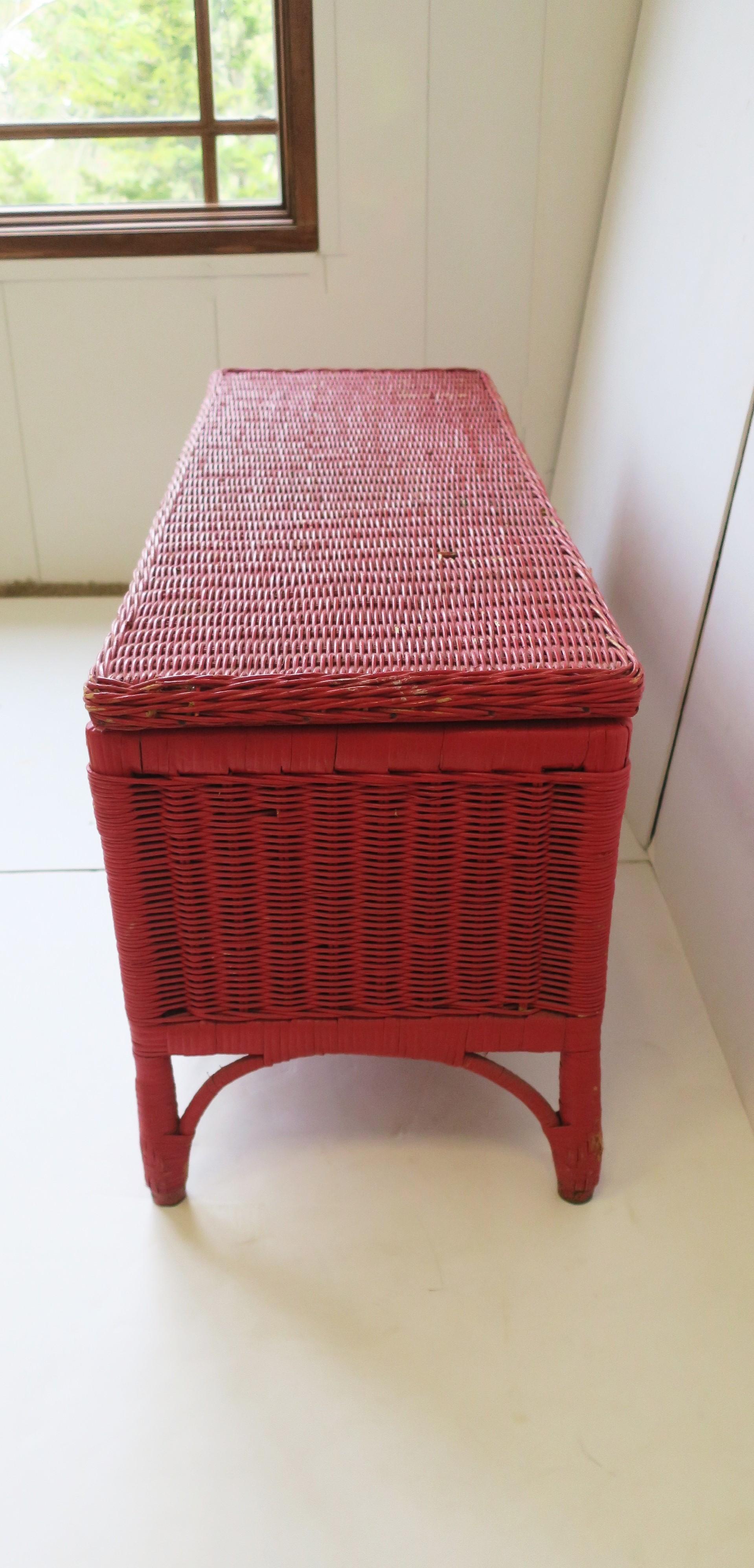 Vintage Red Wicker Rattan Bench with Storage 3