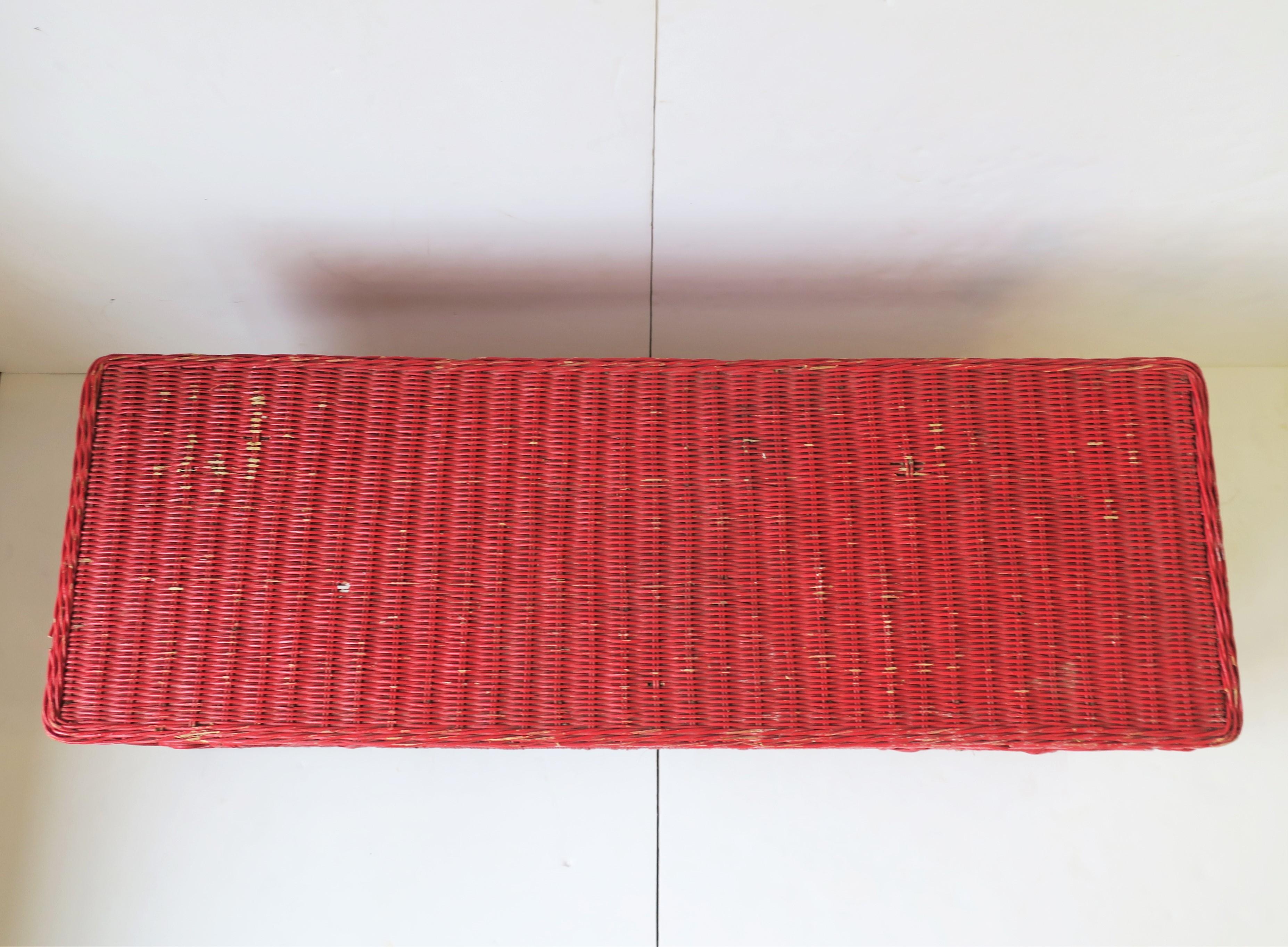 Vintage Red Wicker Rattan Bench with Storage 4