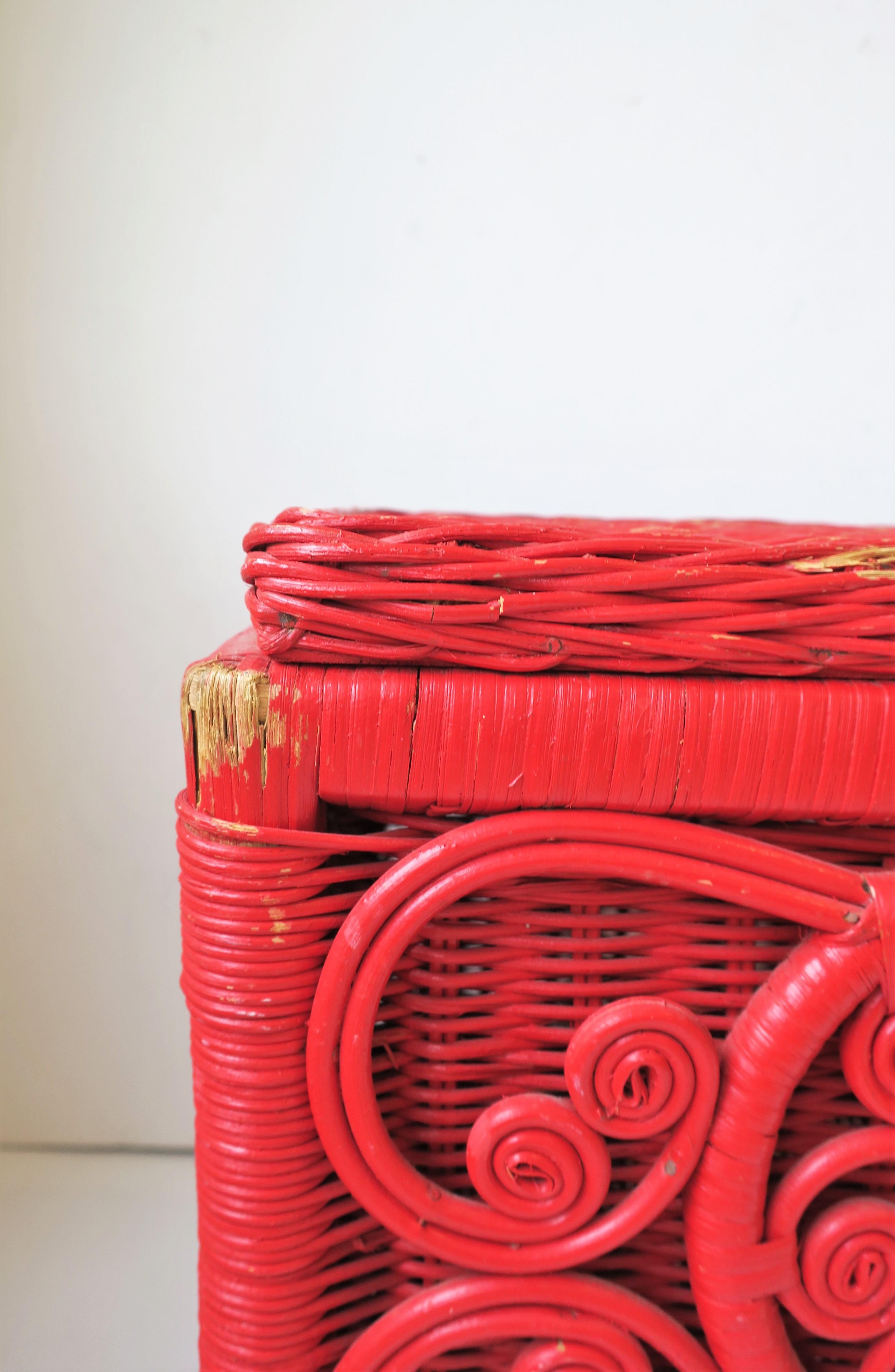 Vintage Red Wicker Rattan Bench with Storage 6