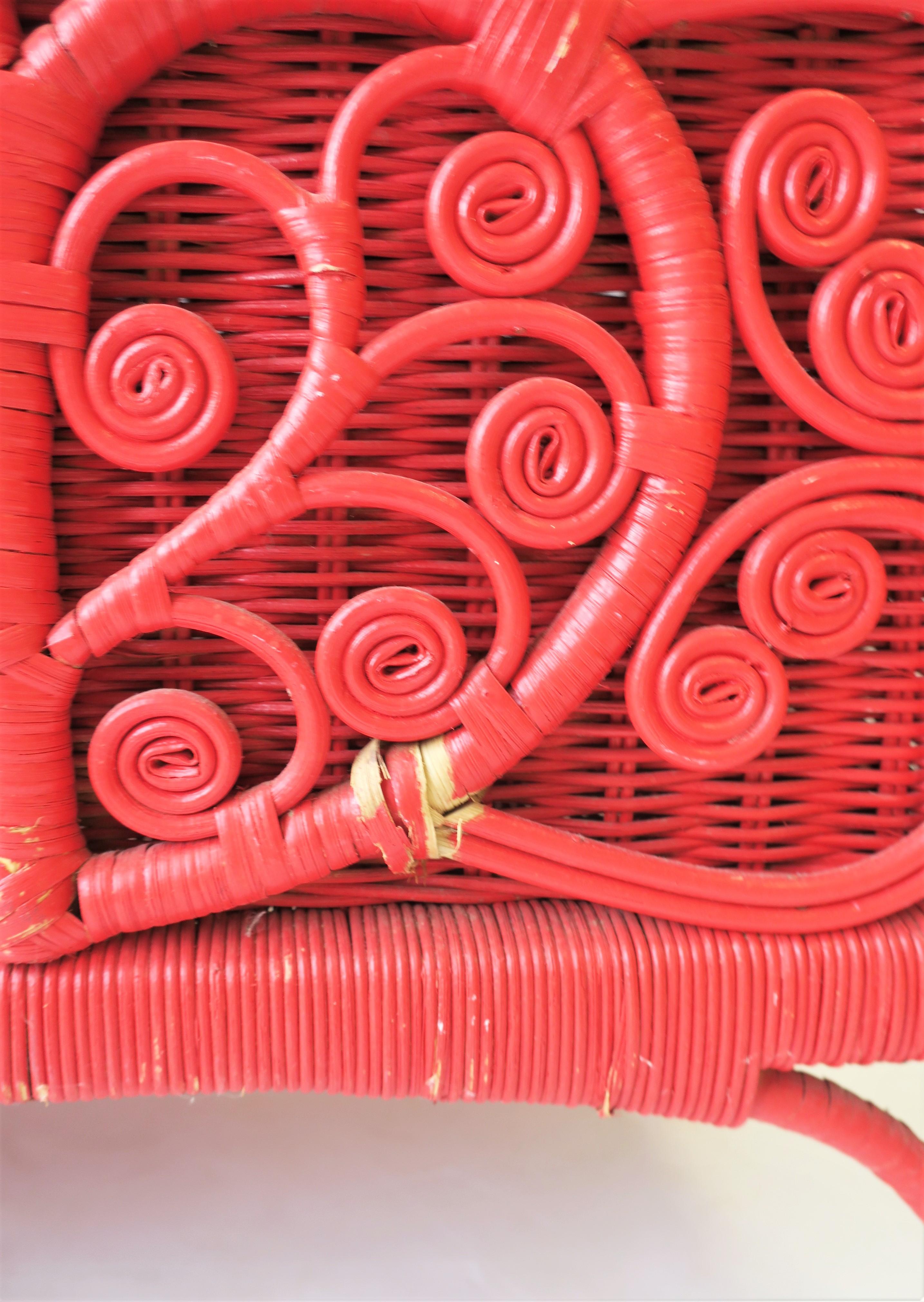 Vintage Red Wicker Rattan Bench with Storage 7