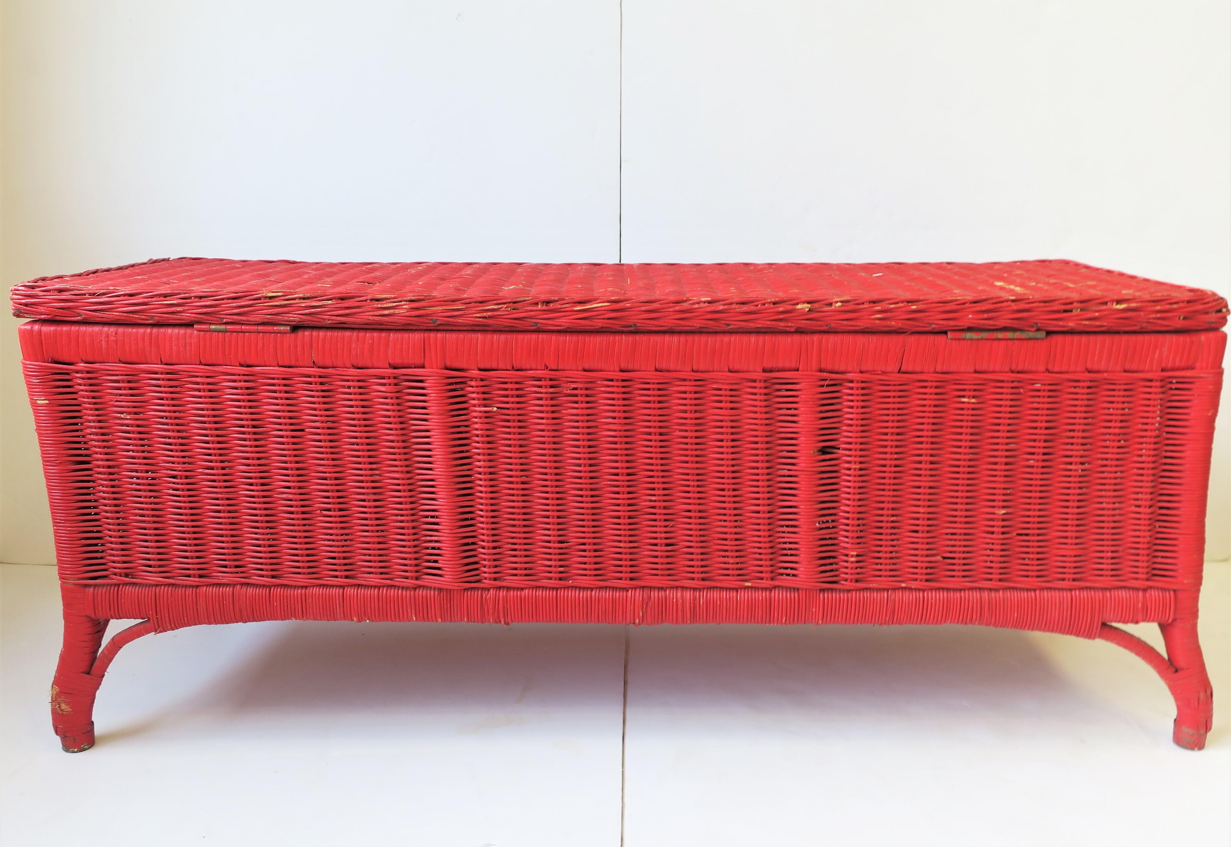 Vintage Red Wicker Rattan Bench with Storage 10