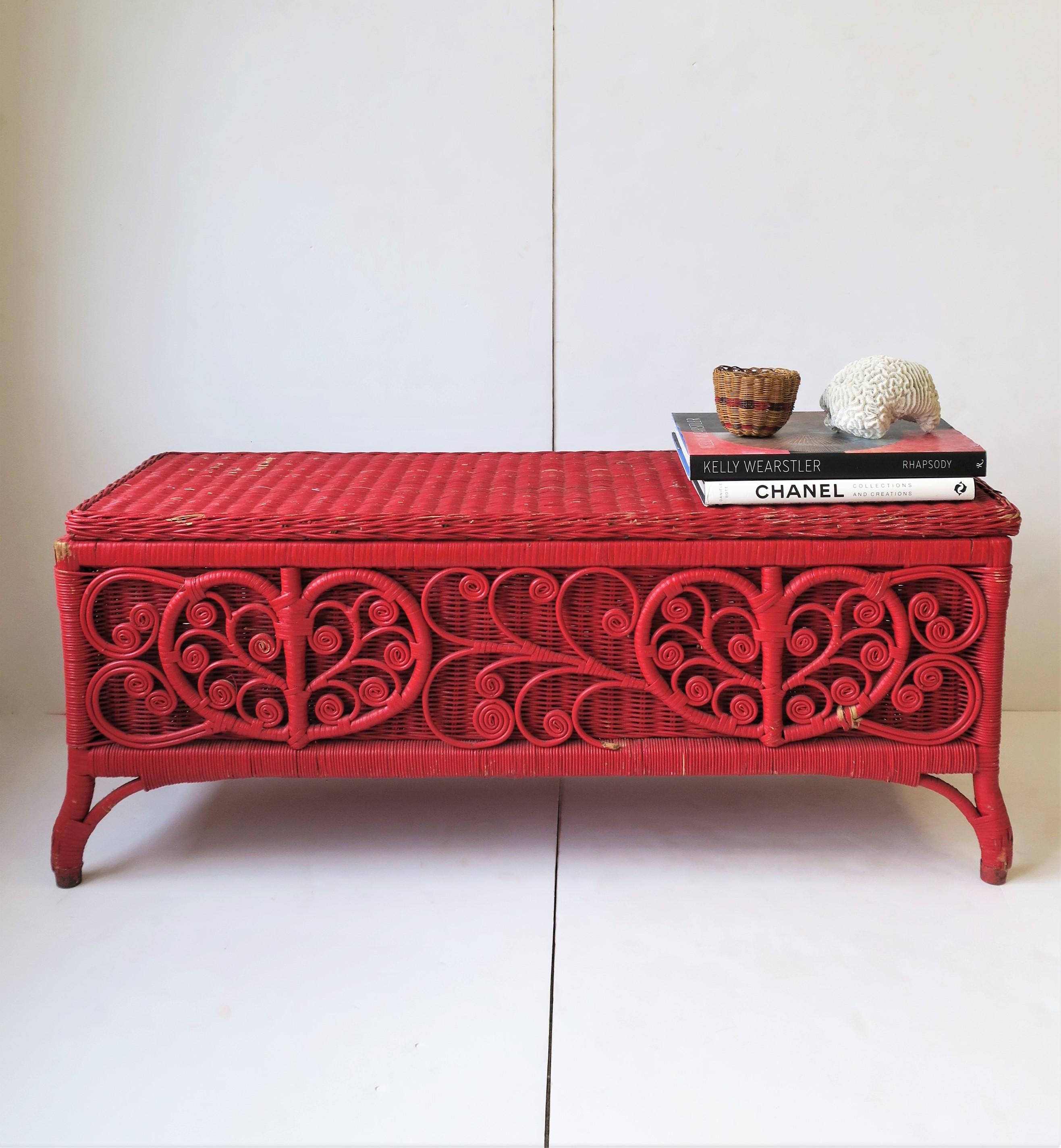 American Classical Vintage Red Wicker Rattan Bench with Storage