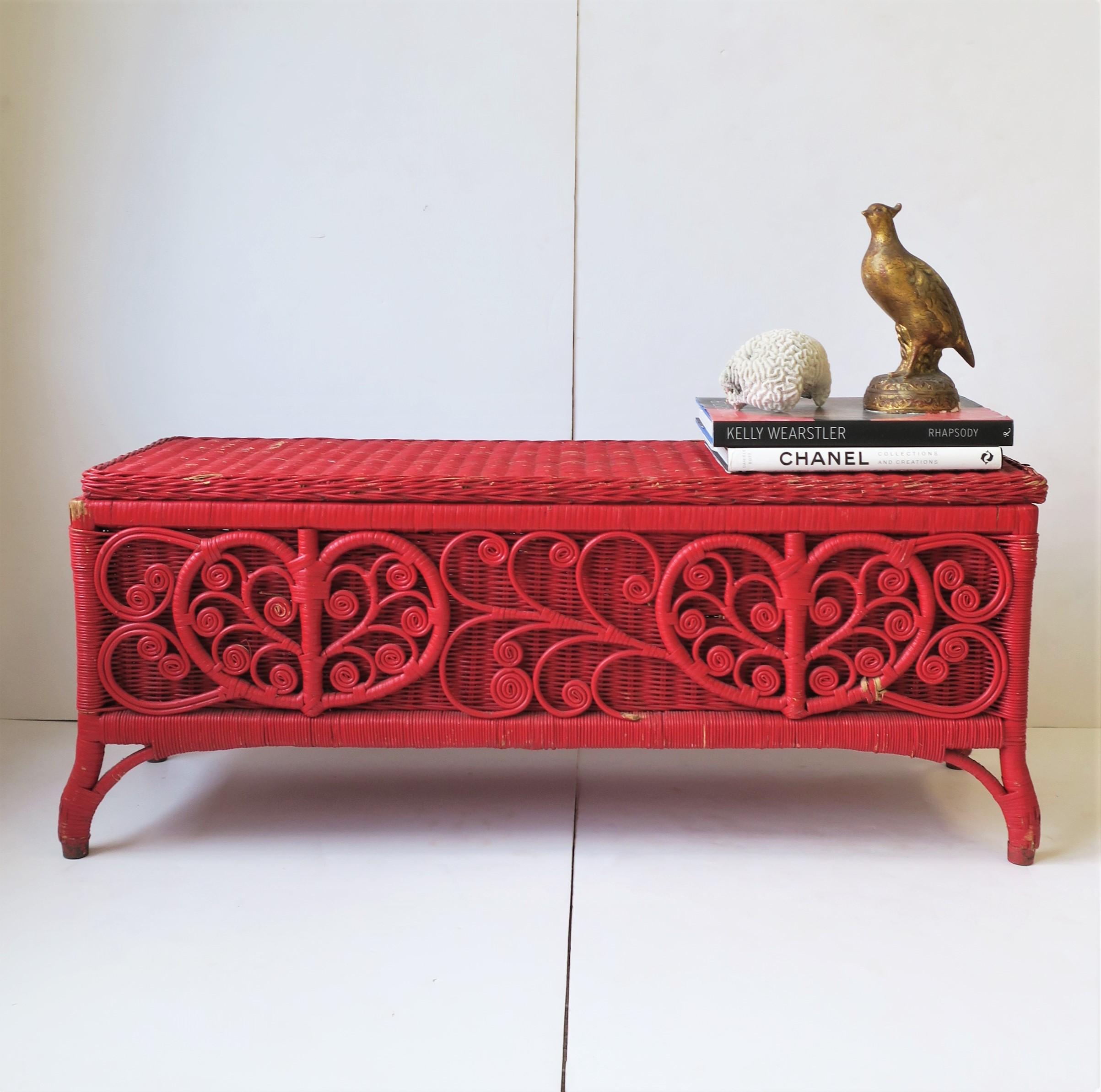 American Vintage Red Wicker Rattan Bench with Storage