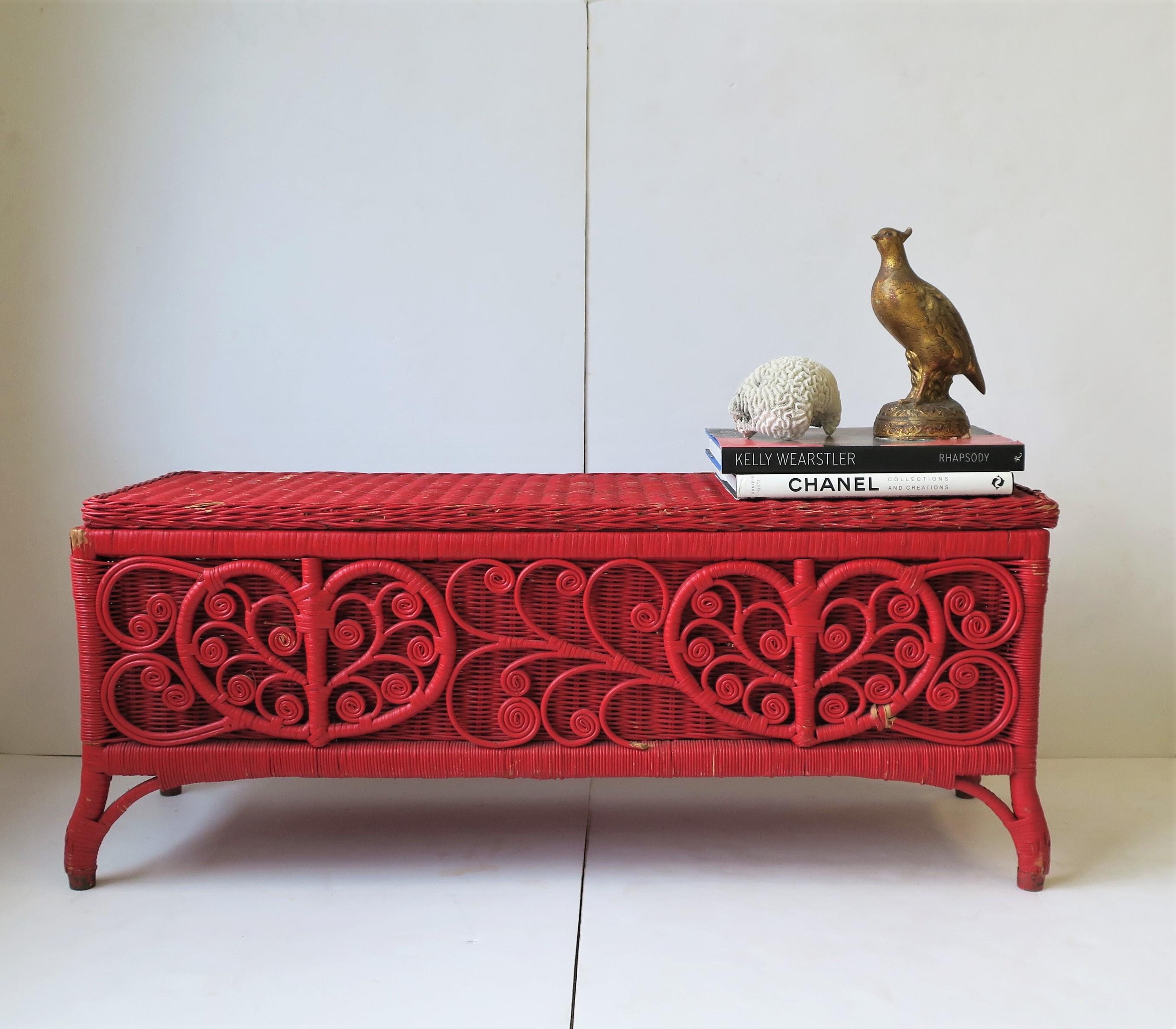 Painted Vintage Red Wicker Rattan Bench with Storage