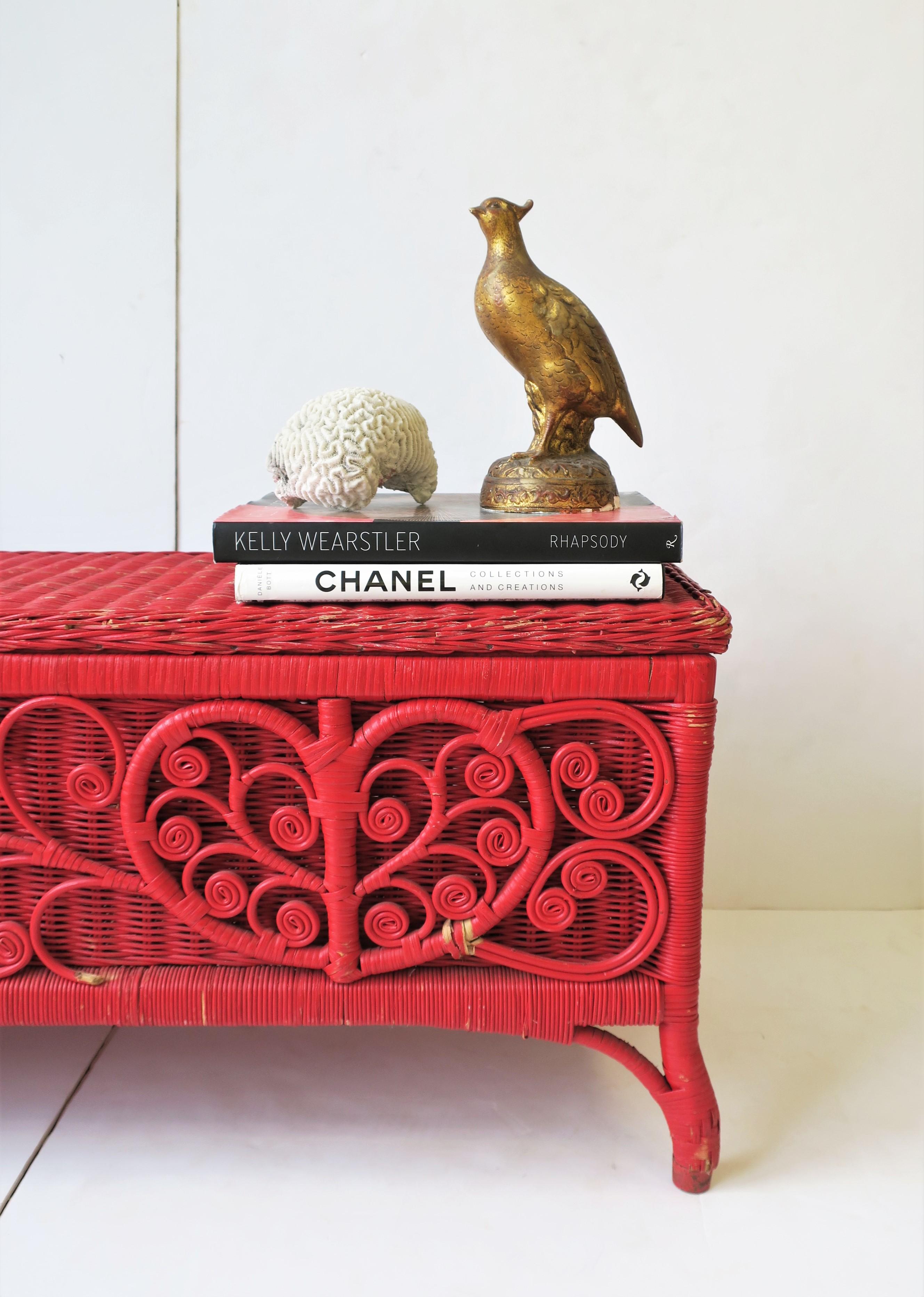 Vintage Red Wicker Rattan Bench with Storage In Good Condition In New York, NY