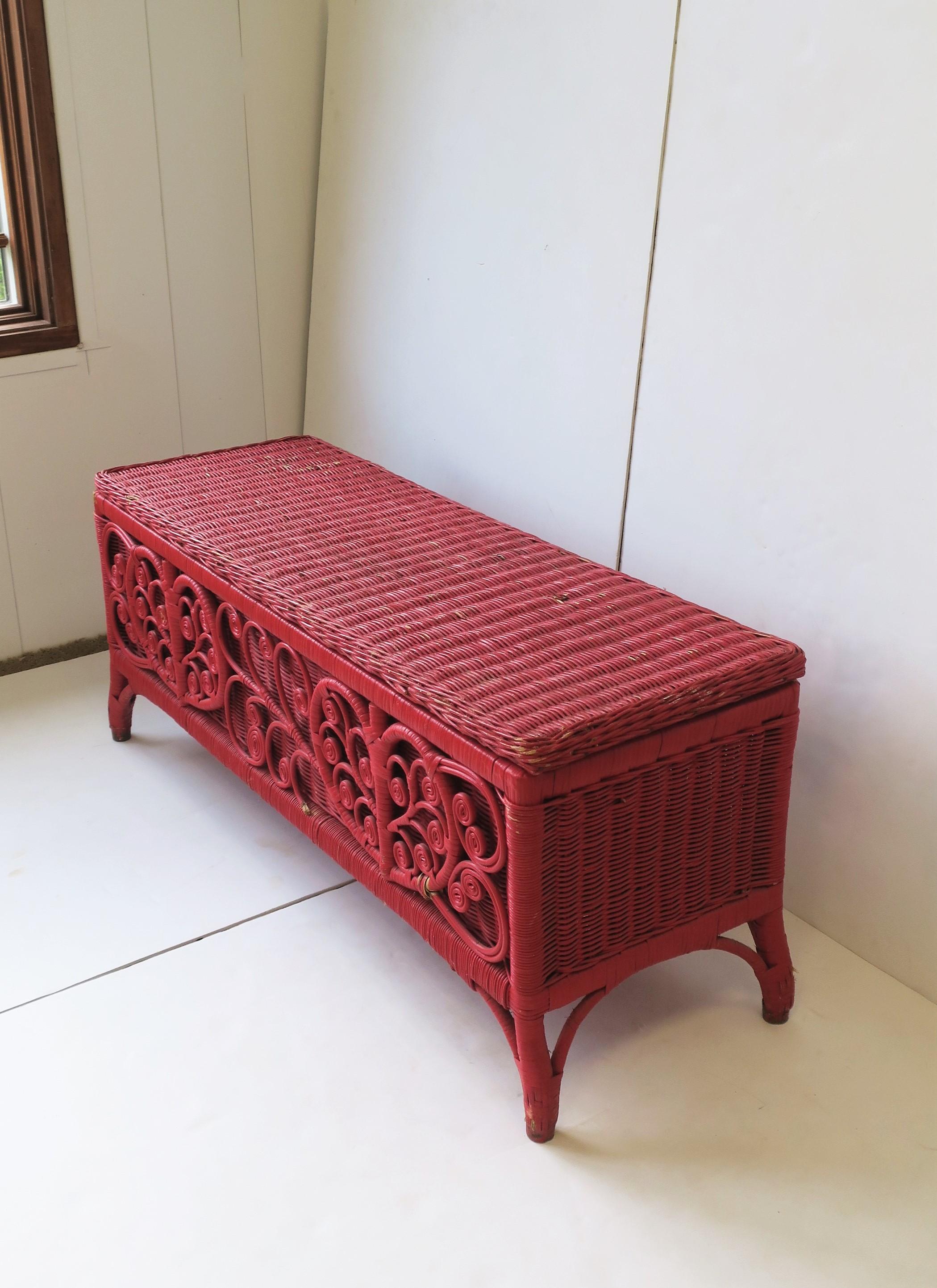Mid-20th Century Vintage Red Wicker Rattan Bench with Storage