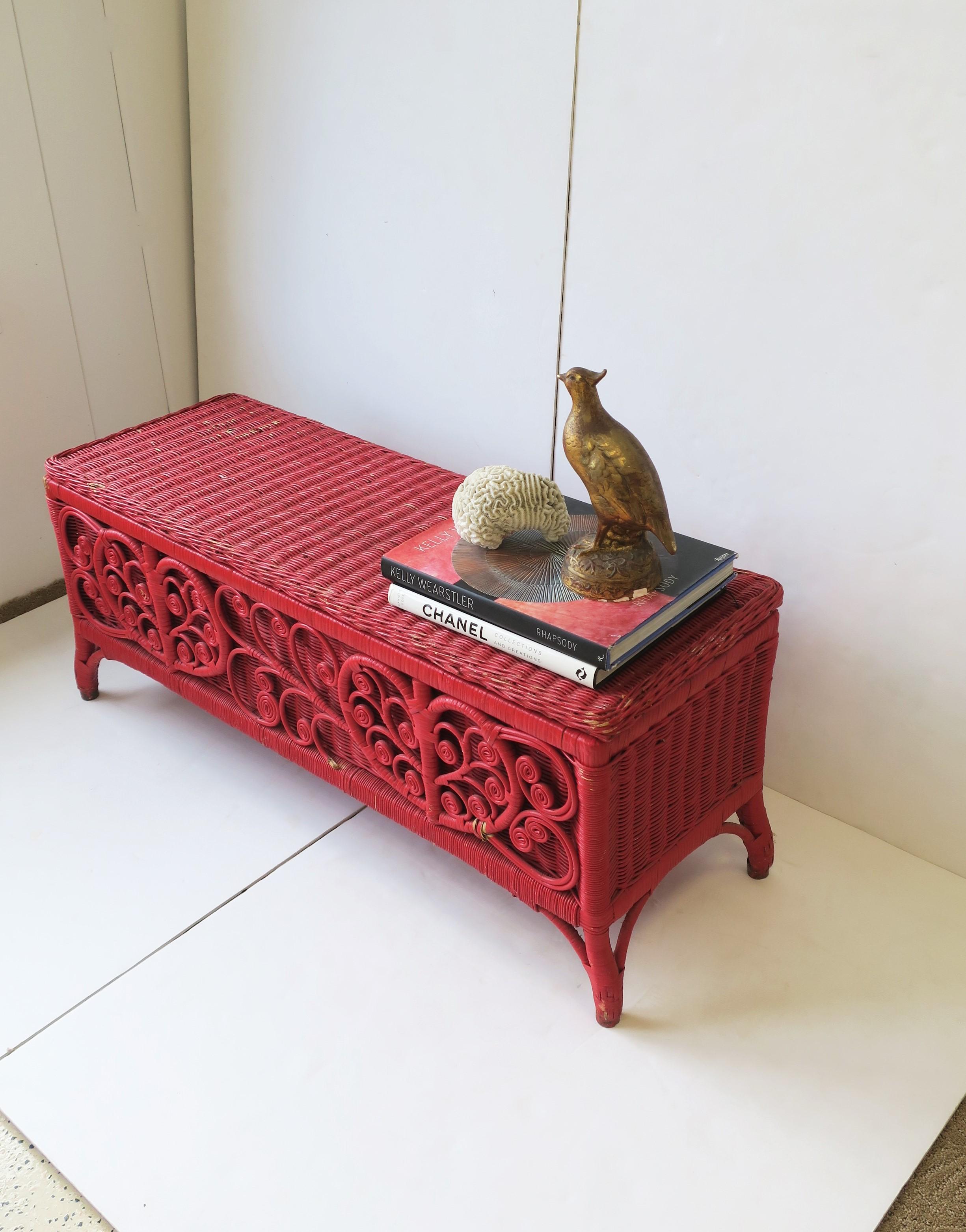 Vintage Red Wicker Rattan Bench with Storage 1