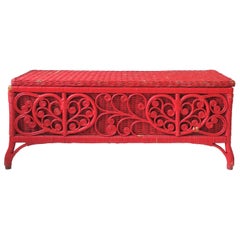 Vintage Red Wicker Rattan Bench with Storage