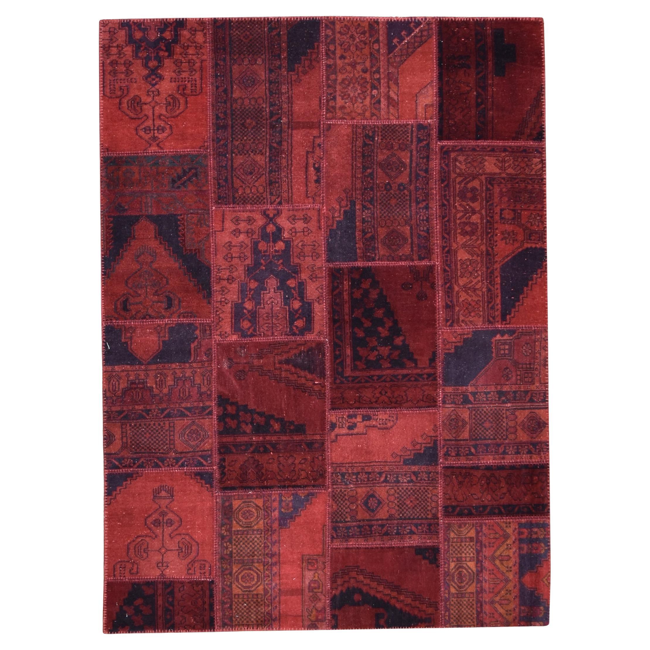 Roter und marineblauer Patchwork-Wollteppich im Vintage-Stil 5'8''x7'9''