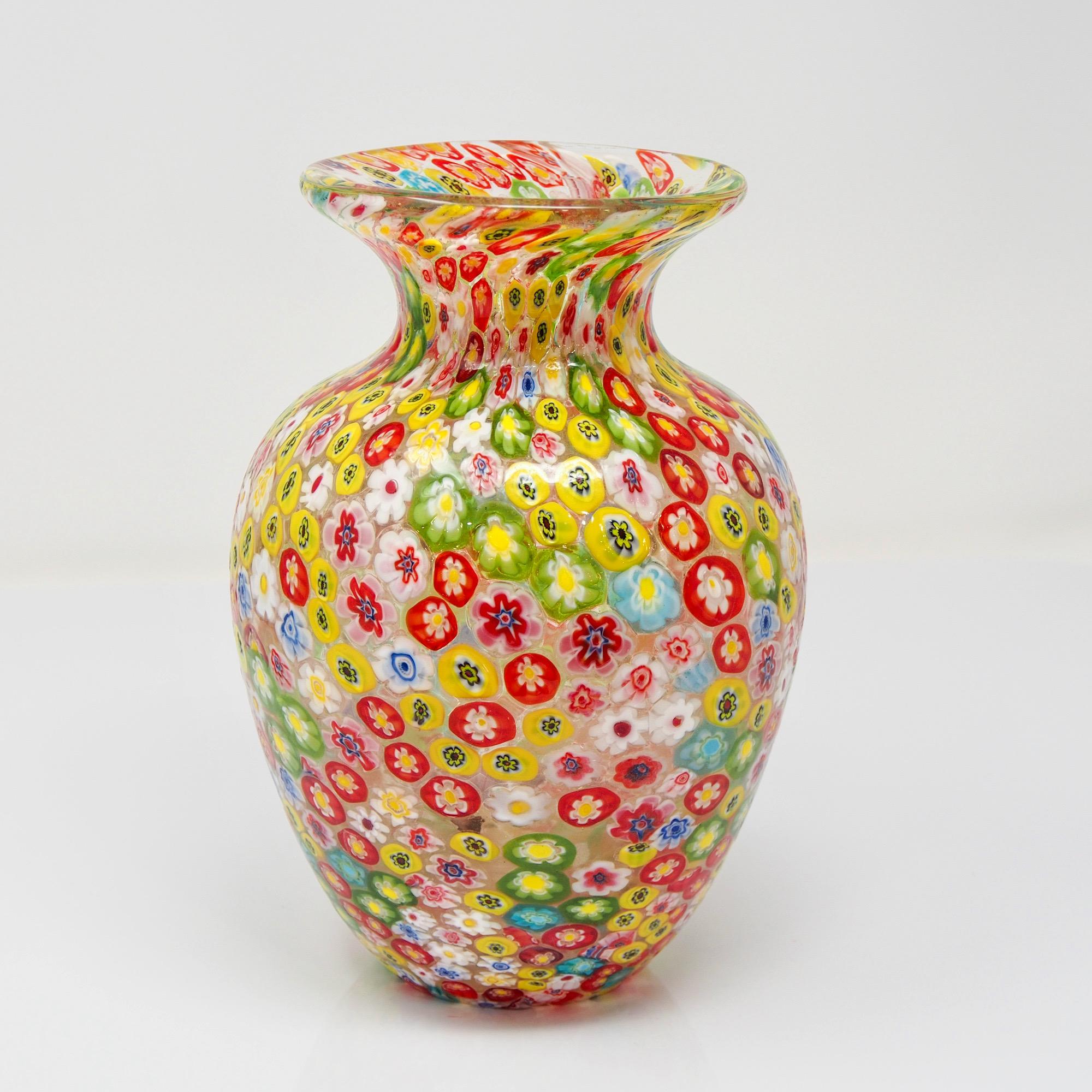 Mid-Century Modern Vintage Red Yellow Green Murano Glass Millefiori Murrine Vase