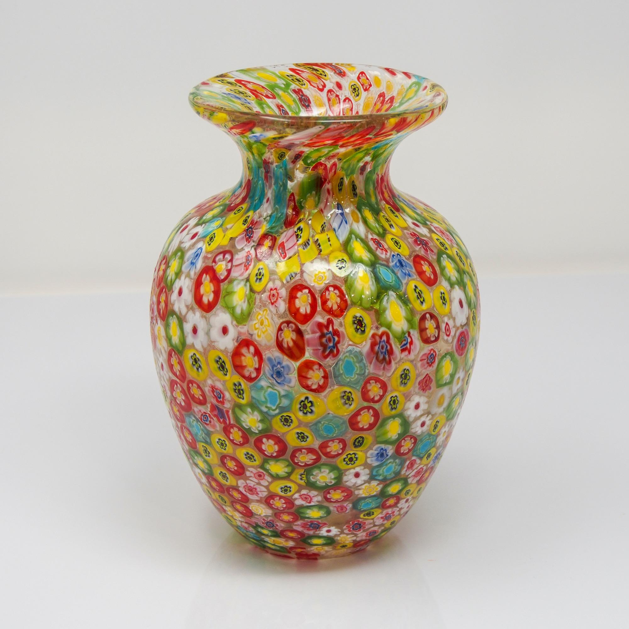 Italian Vintage Red Yellow Green Murano Glass Millefiori Murrine Vase