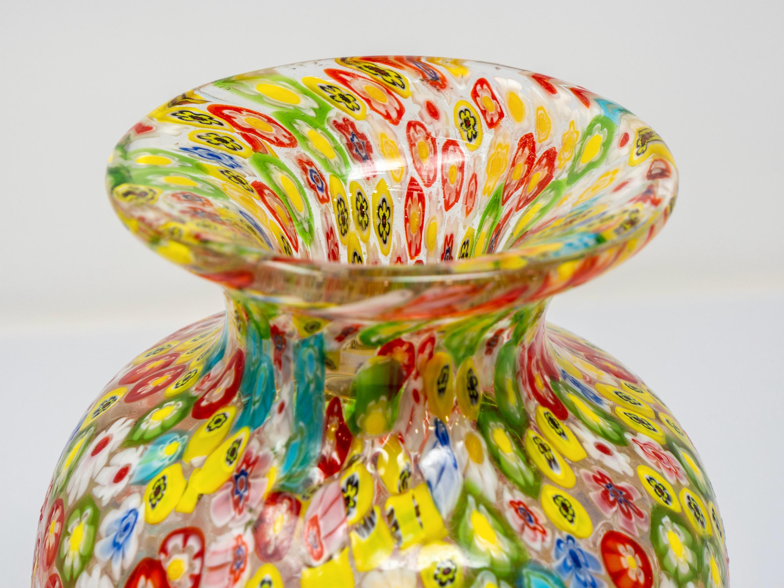 Vintage Red Yellow Green Murano Glass Millefiori Murrine Vase In Good Condition In Troy, MI