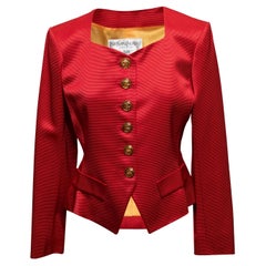 Vintage Red Yves Saint Laurent Encore 90s Ribbed Satin Jacket Size FR 38