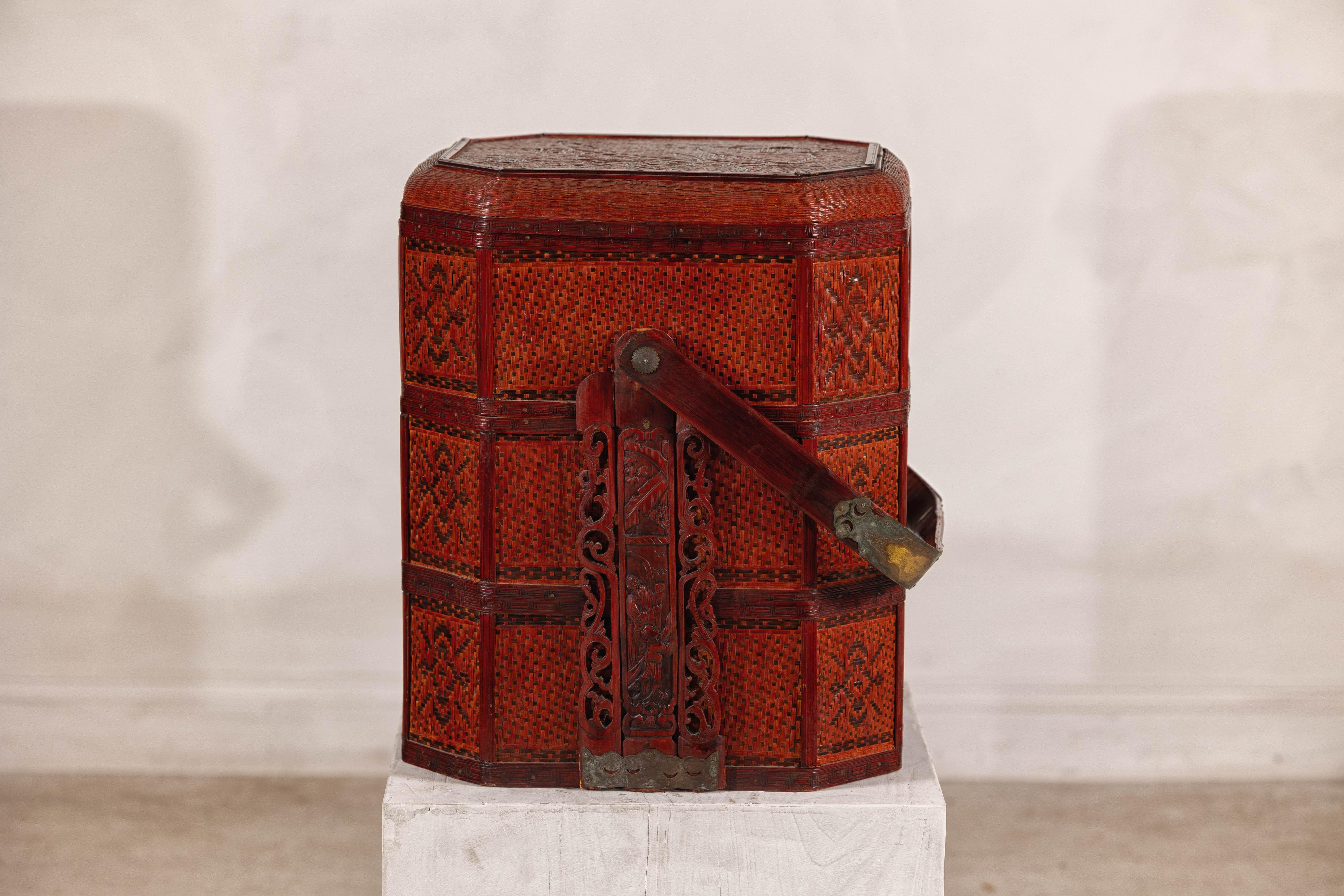 Vintage Reddish Brown Lacquer Woven Rattan Picnic Basket with Bamboo Handle For Sale 6