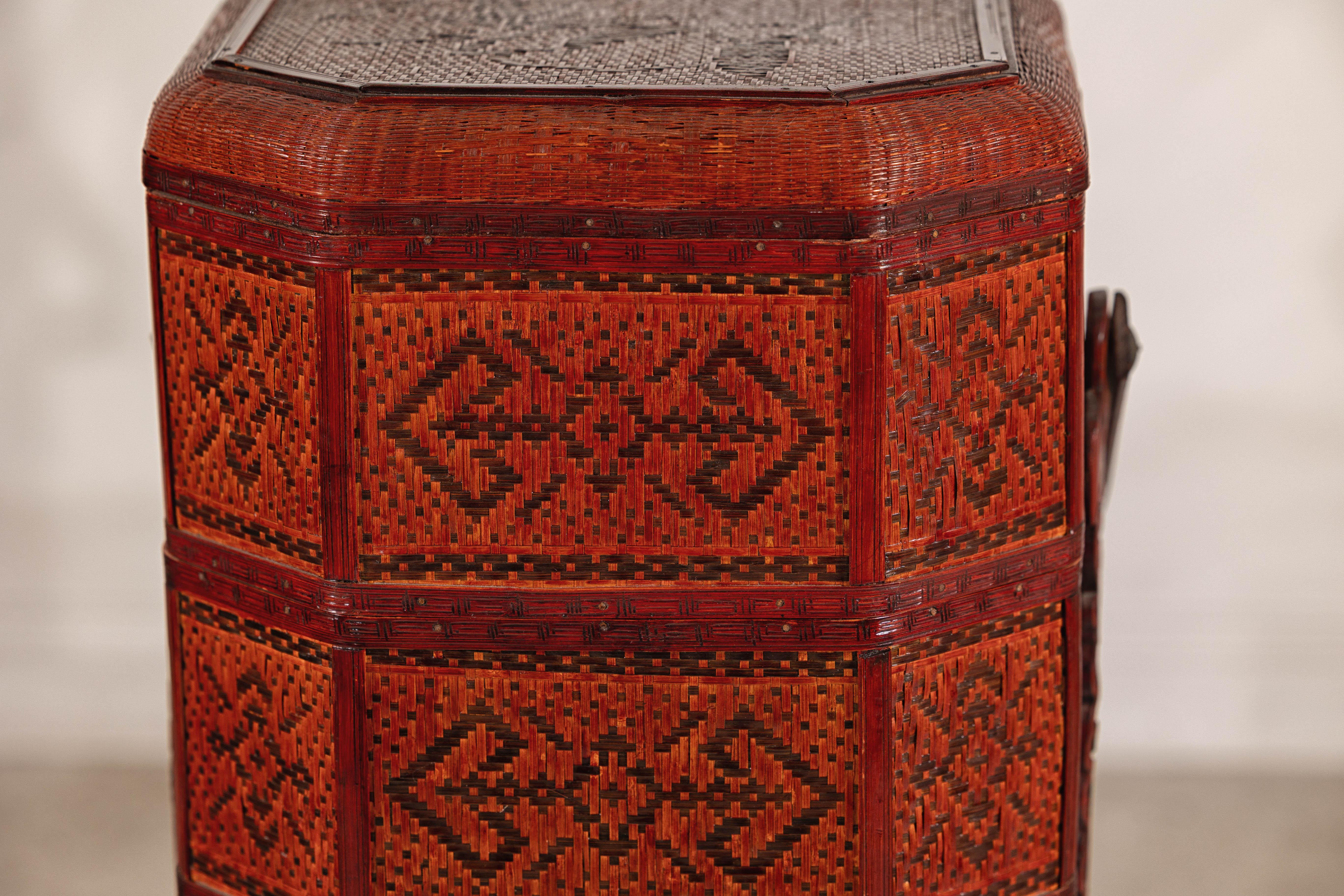 Vintage Reddish Brown Lacquer Woven Rattan Picnic Basket with Bamboo Handle For Sale 11