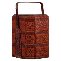 Vintage Reddish Brown Lacquer Woven Rattan Picnic Basket with Bamboo Handle