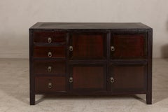 Vintage Reddish Brown Lacquered Elm Sideboard with Four Drawers and Panel Doors