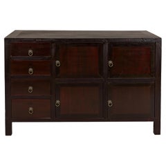Vintage Reddish Brown Lacquered Elm Sideboard with Four Drawers and Panel Doors