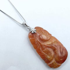 Vintage Reddish Orange 紅翡 Carved Phoenix Jade Pendant in 18K White Gold