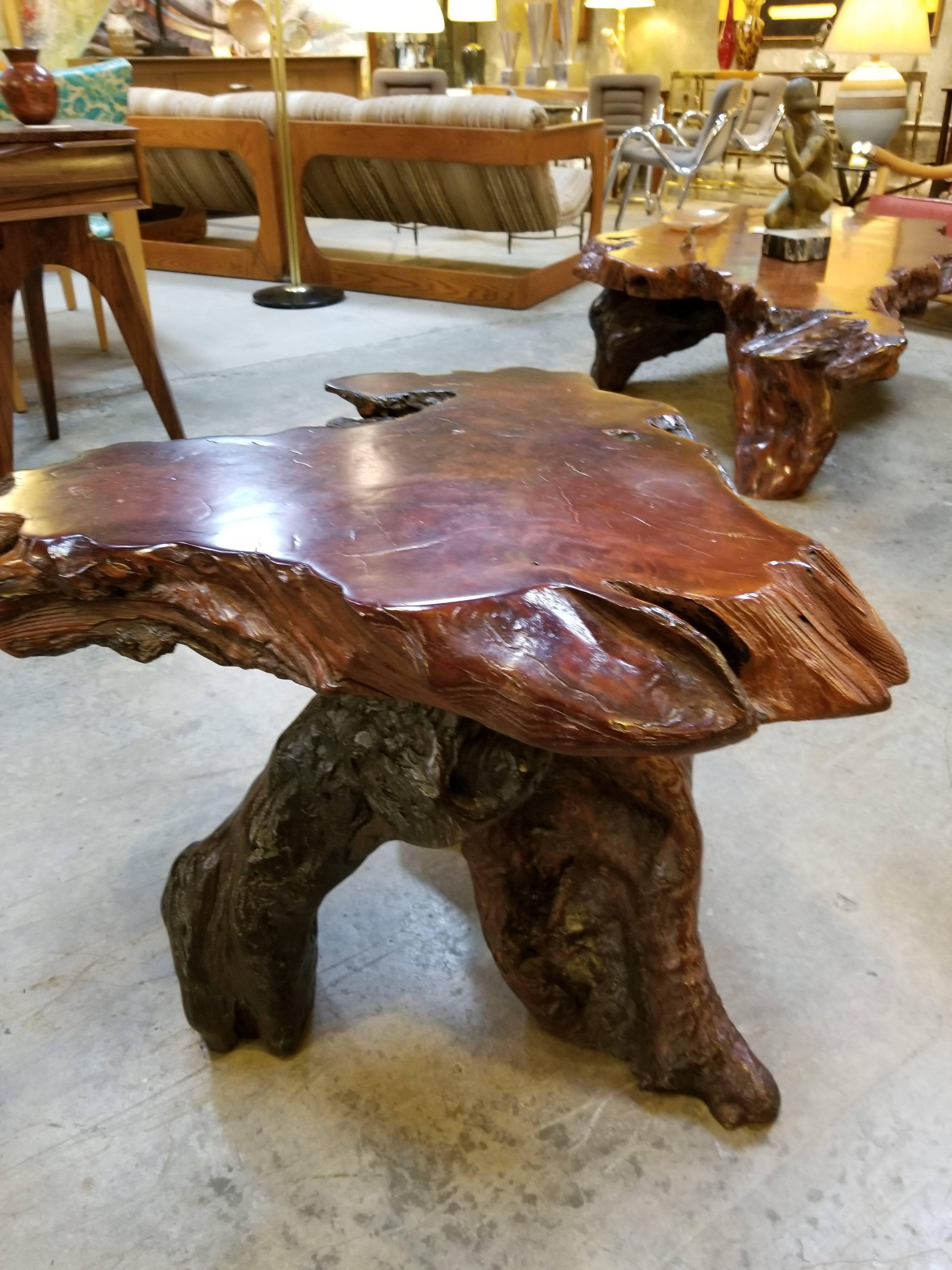 Substantial redwood burl and redwood driftwood end table, circa 1970s.