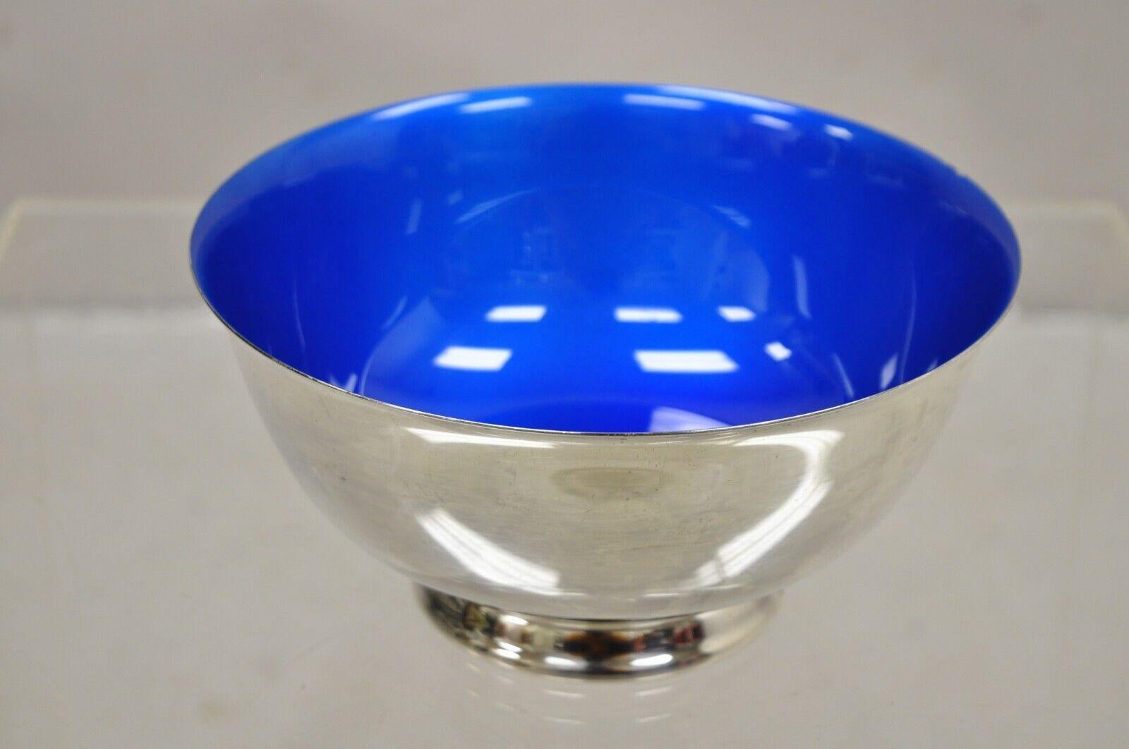 Vintage Reed & Barton Azure Blue Enamel Silver Plated Modern Round Serving Bowl 7