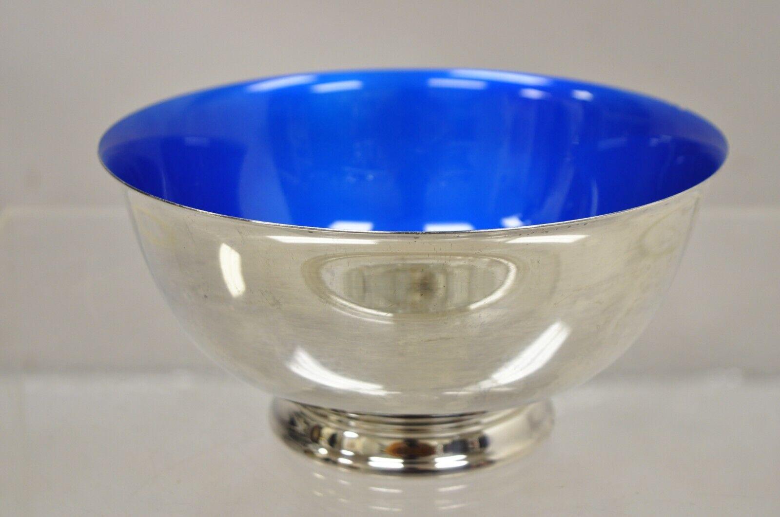 Vintage Reed & Barton Azure Blue Enamel Silver Plated Modern Round Serving Bowl. Circa Mid 20th Century. Measurements: 4